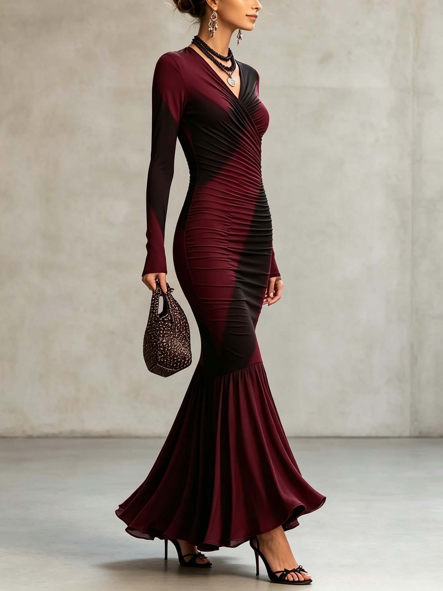 Burgundy And Black Ombre Ruched Bodycon Maxi Dress With Flared Hem