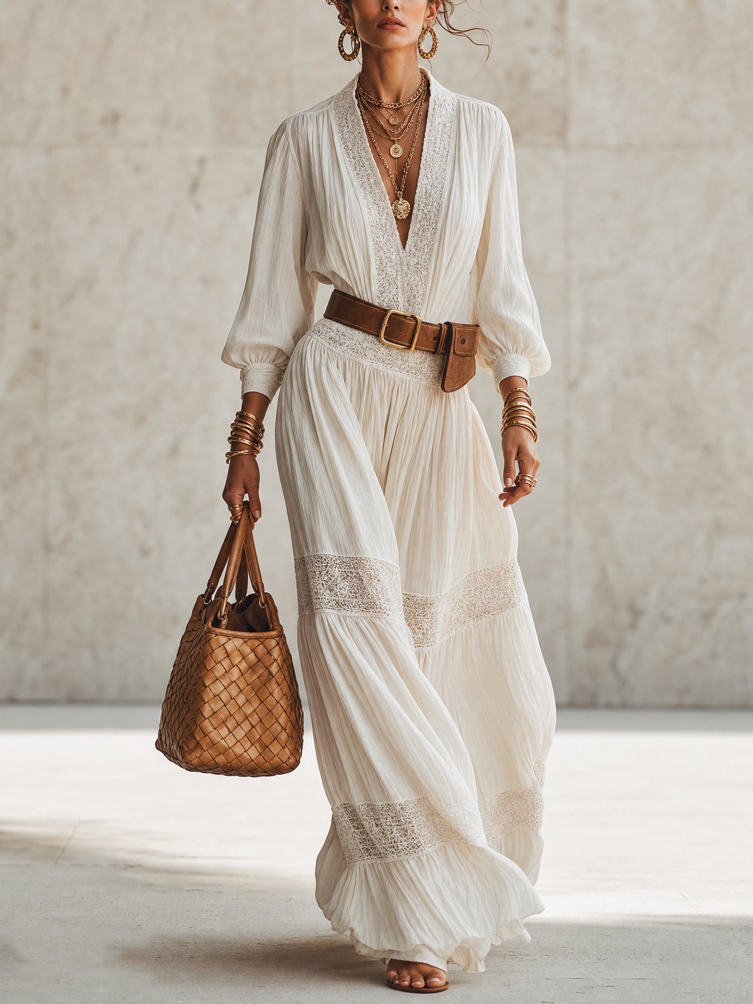 White Pleated Lace Panel Deep V-Neck Maxi Dress
