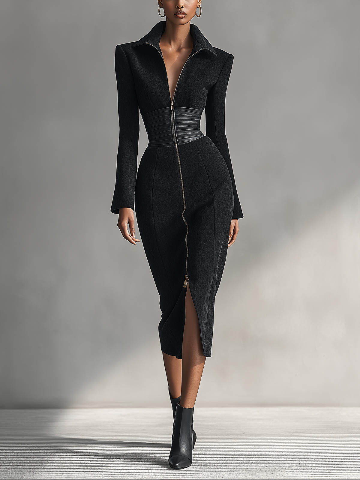 Black Collared Zipper Leather Waistband Split Midi Dress