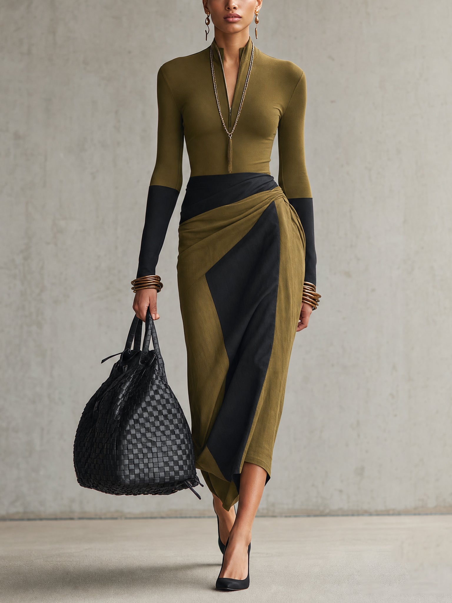 Green And Black Color Block Half Zip Bodycon Midi Dress