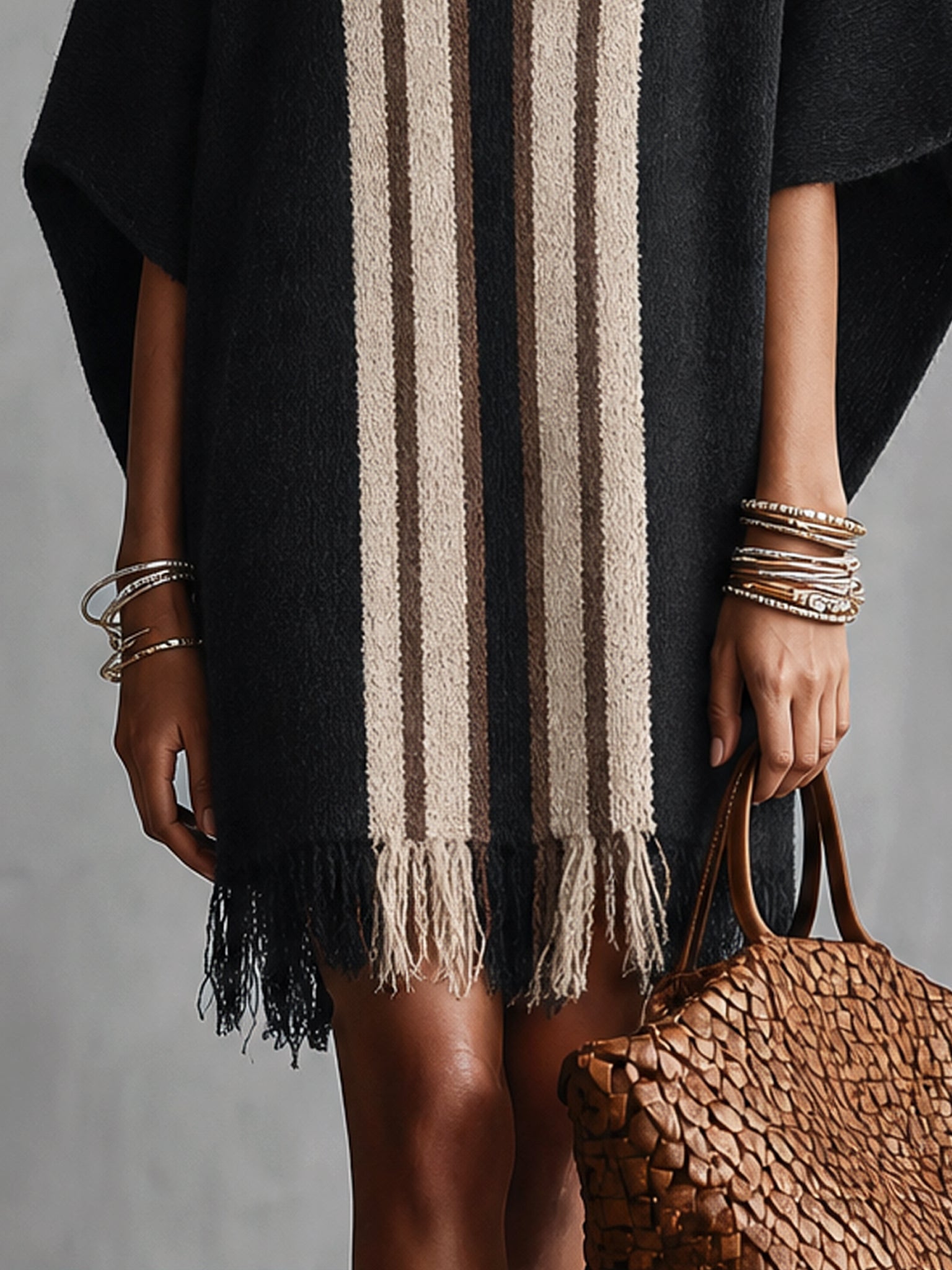 Black Color Block Knit Fringe Mini Dress