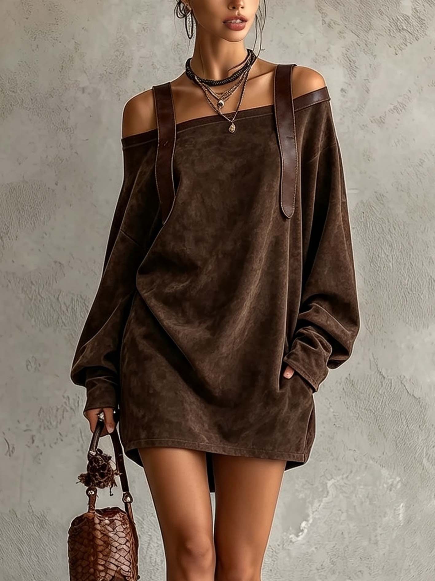Chocolate Brown Faux Suede Cold Shoulder Mini Dress With Strap Detail