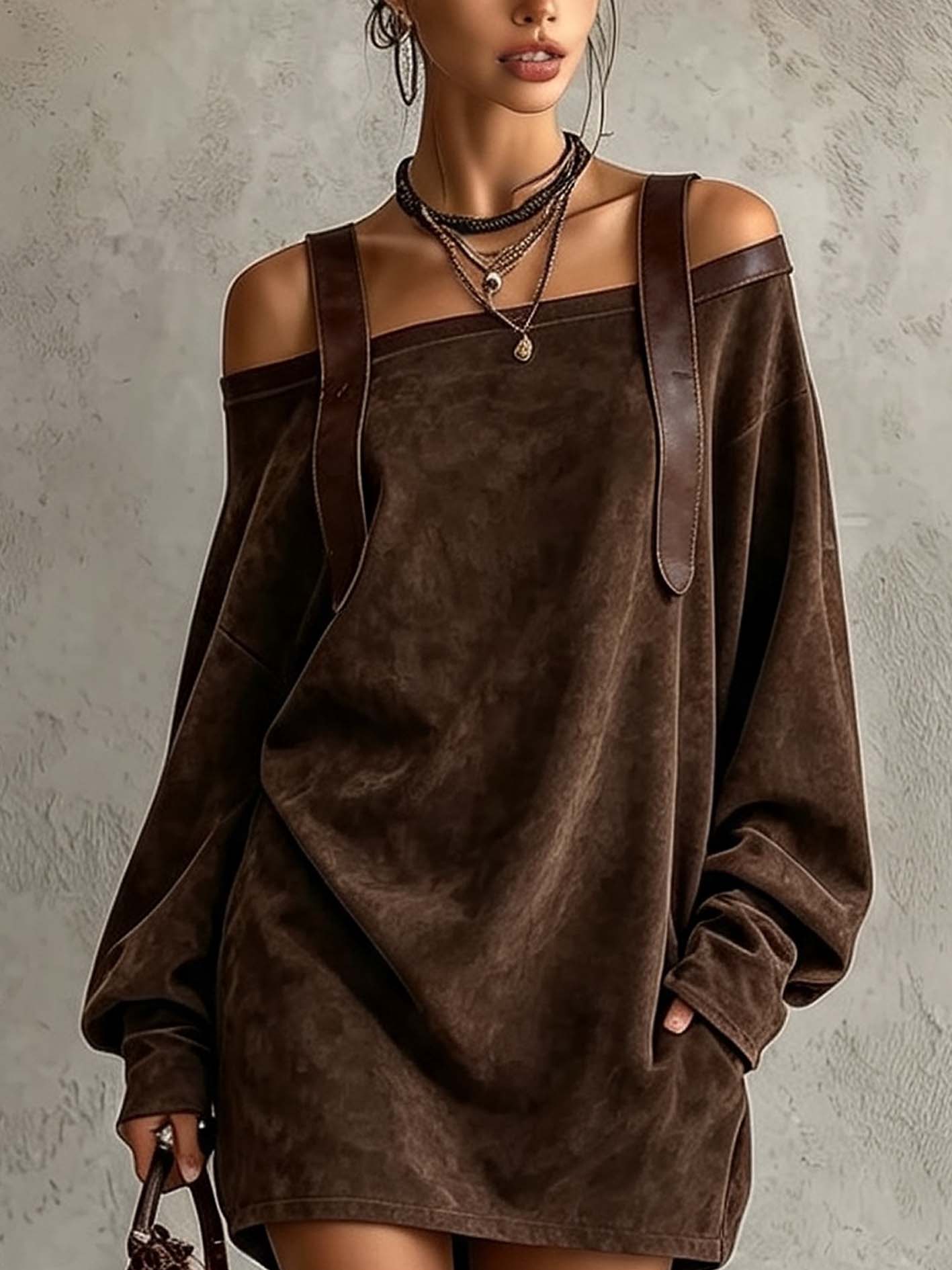 Chocolate Brown Faux Suede Cold Shoulder Mini Dress With Strap Detail