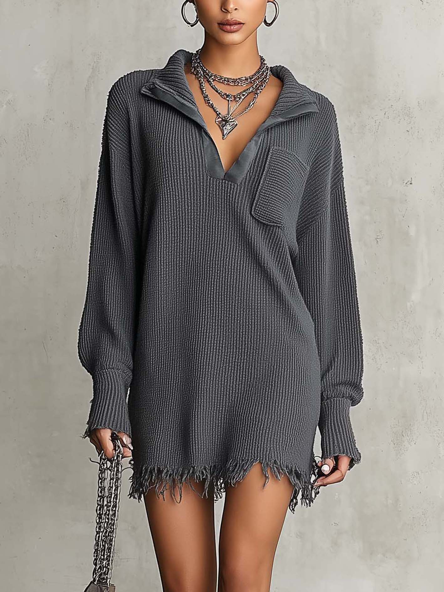 Charcoal Distressed Ribbed Knit Mini Dress With Split Neck