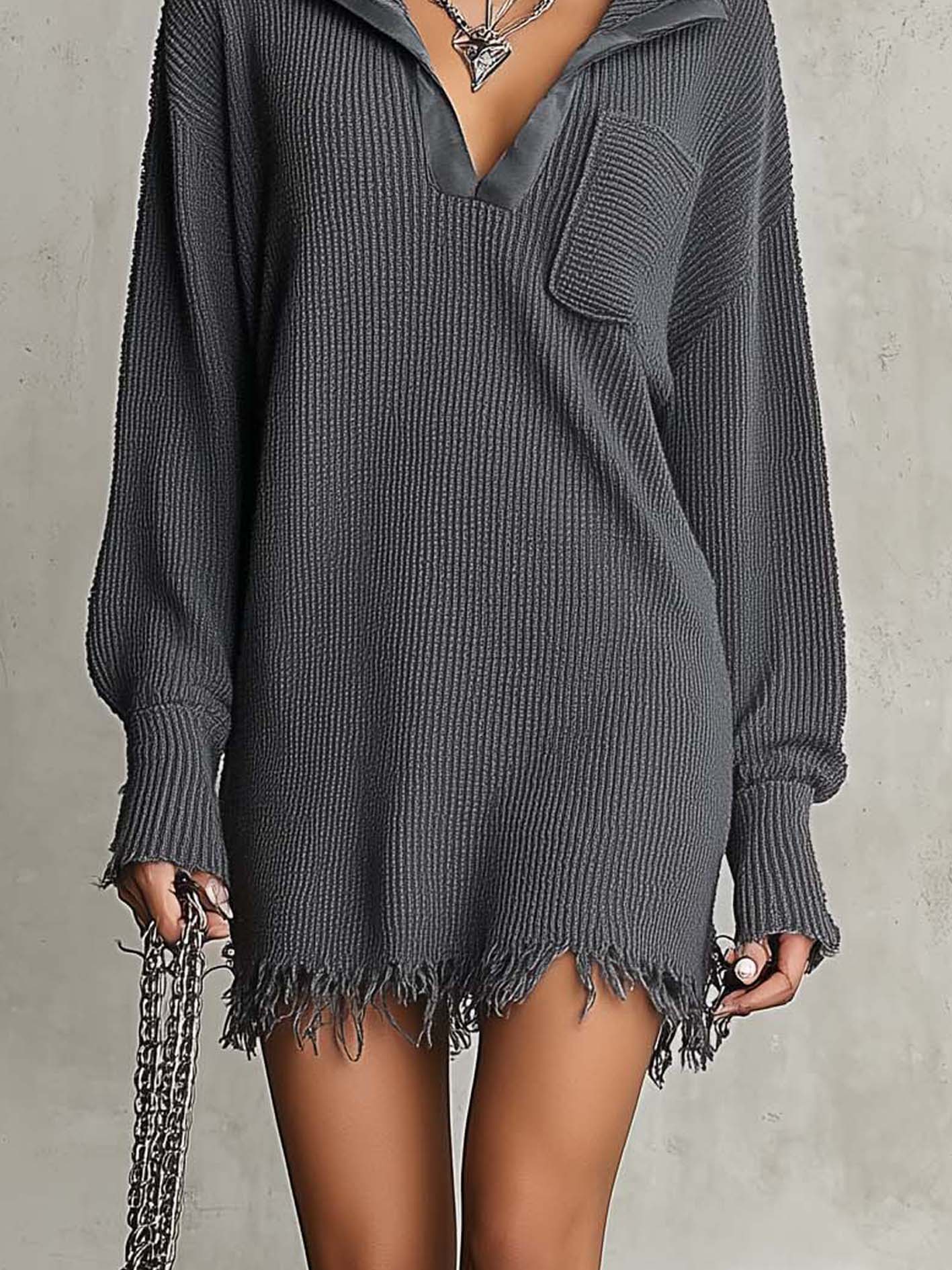 Charcoal Distressed Ribbed Knit Mini Dress With Split Neck