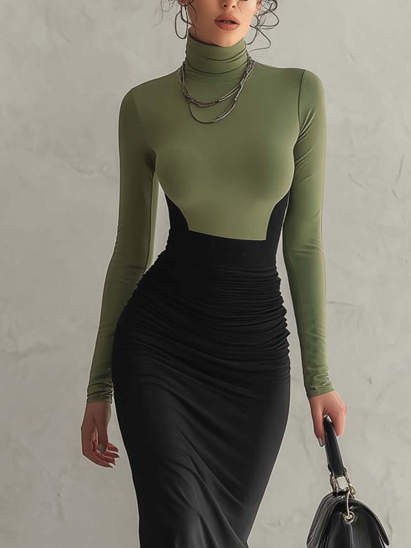 Olive Green And Black Color Block Turtleneck Bodycon Midi Dress