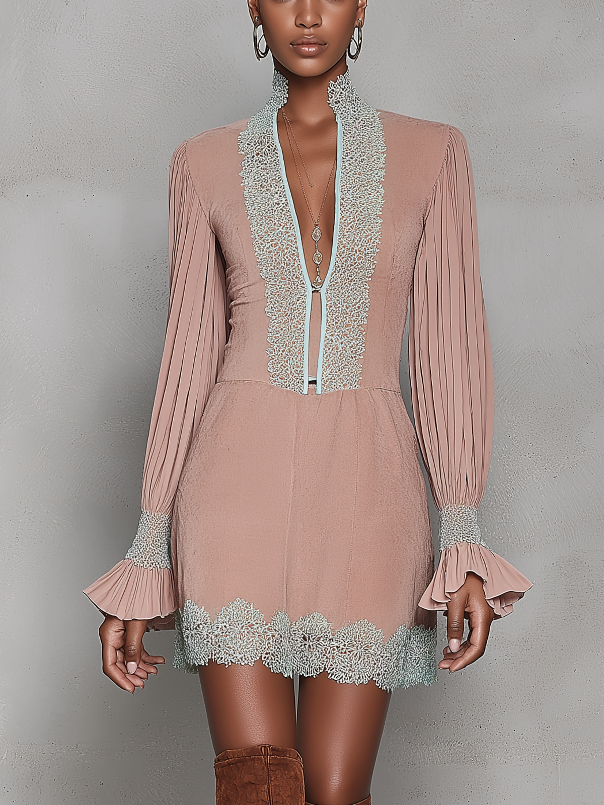 Dusty Pink Lace Trim Pleated Flare Sleeve Mini Dress