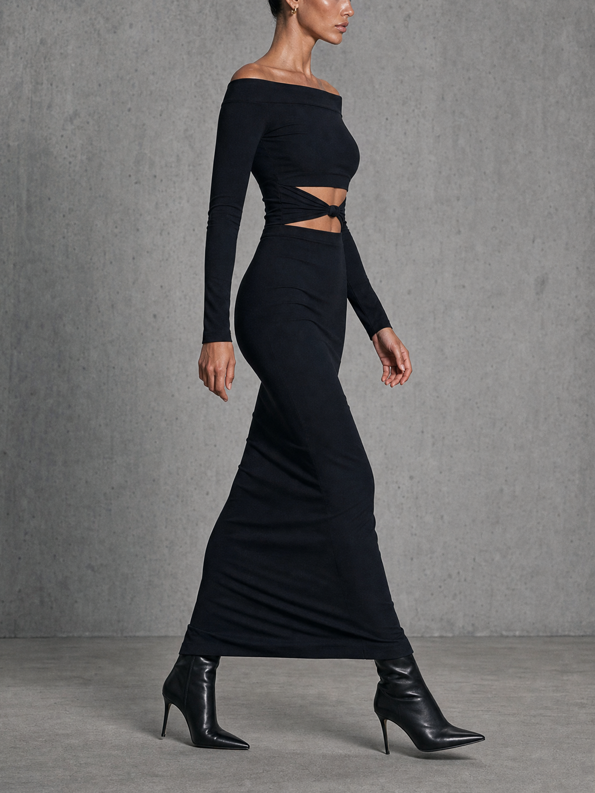 Black Off Shoulder Long Sleeve Knotted Waist Cutout Bodycon Maxi Dress