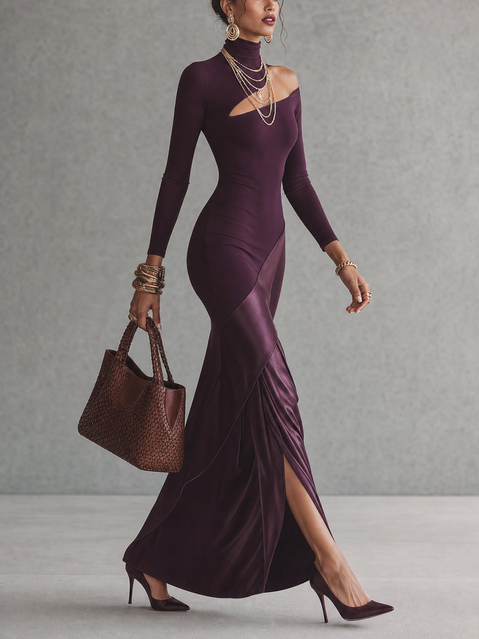 Purple Off Shoulder Satin Panel Bodycon Dress