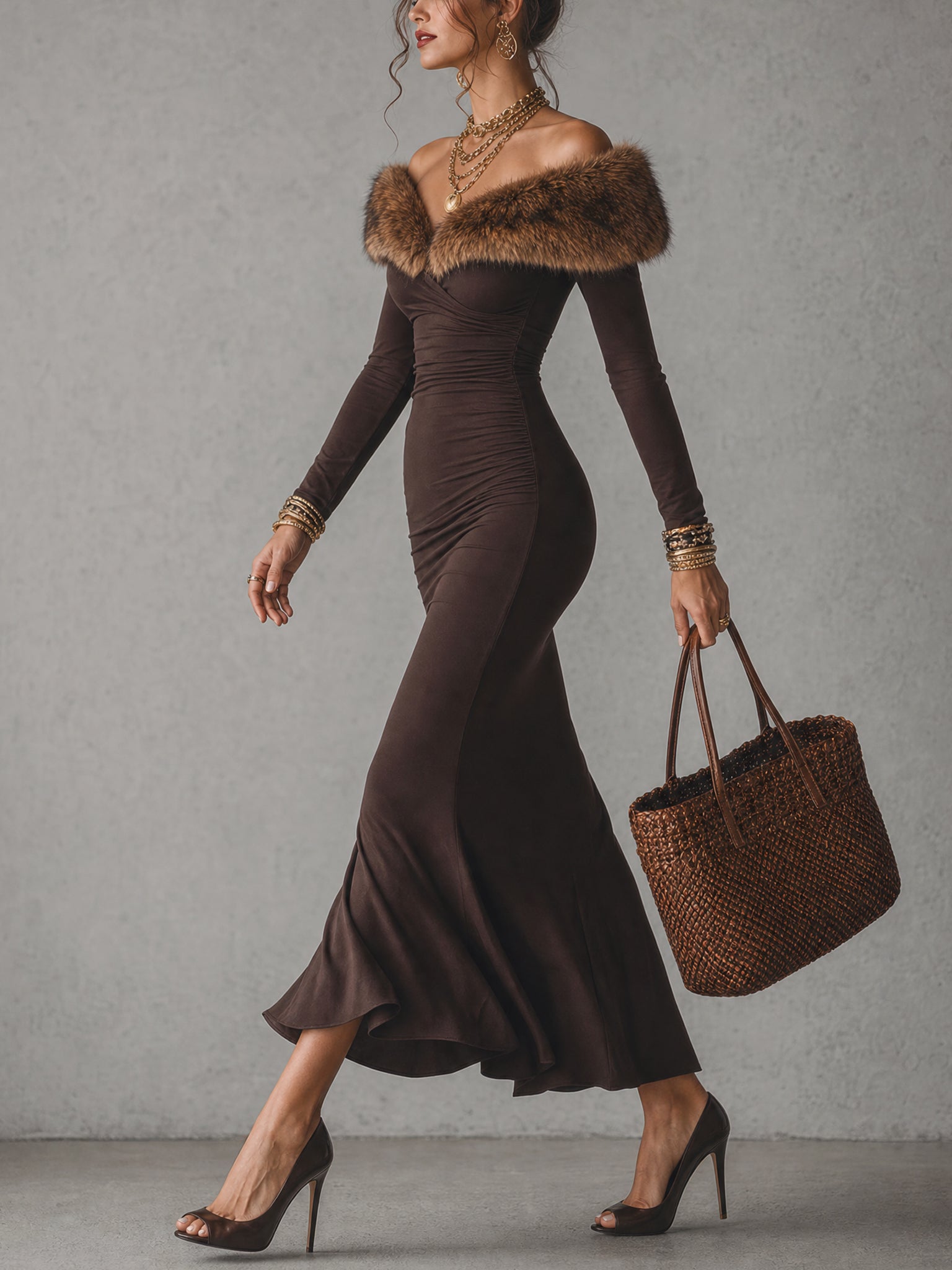 Cocoa Faux Fur Trim Stretch Bodycon Dress