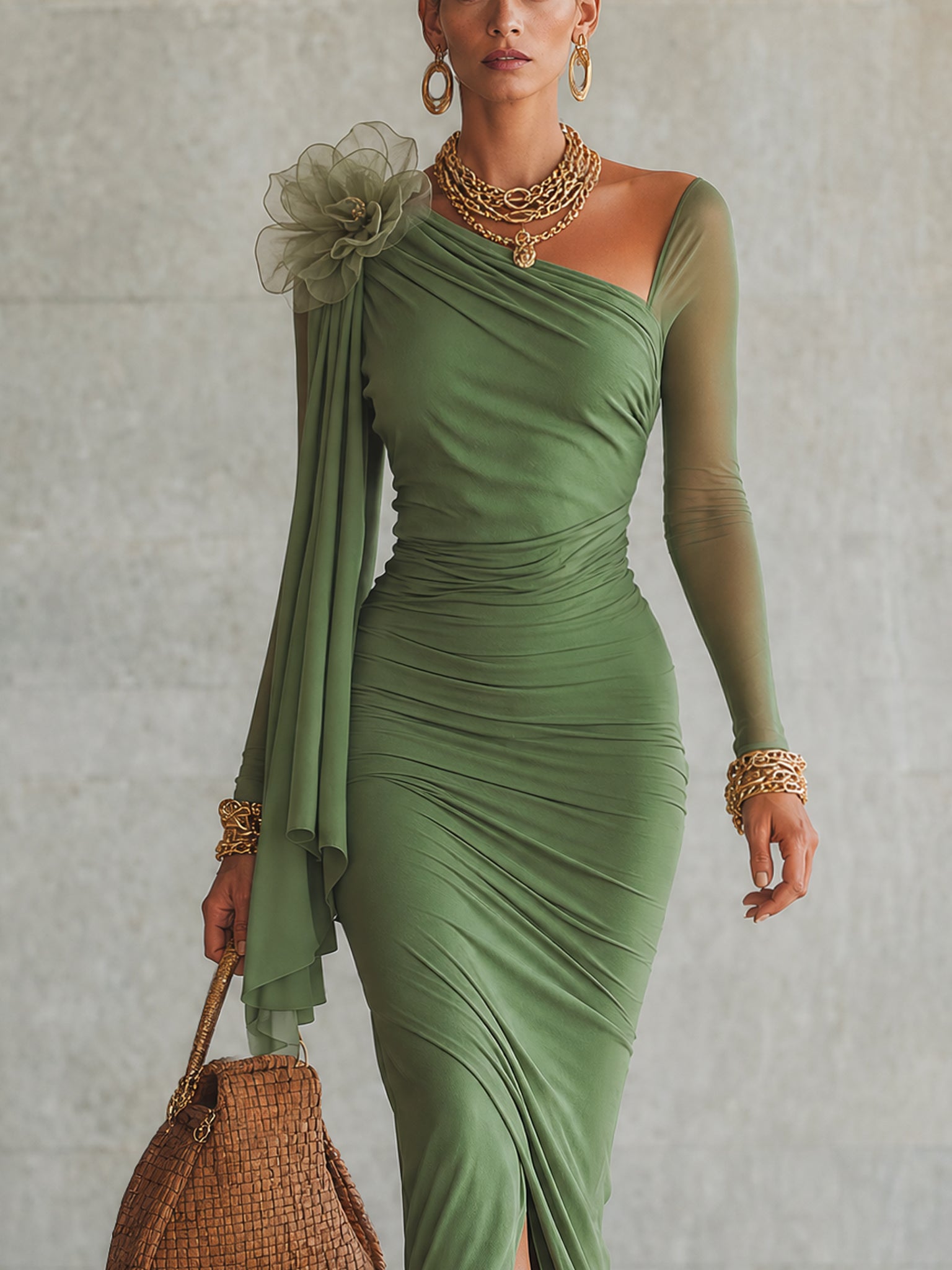 Green Lightweight Stretch 3D Floral Bodycon Dress