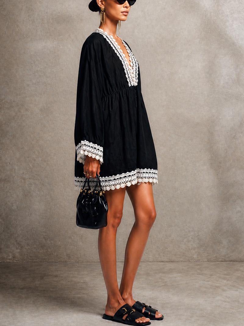 Black Boho Lace-Trim V-Neck Bell Sleeve Mini Dress