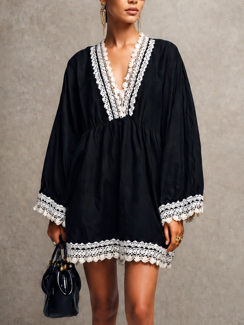 Black Boho Lace-Trim V-Neck Bell Sleeve Mini Dress