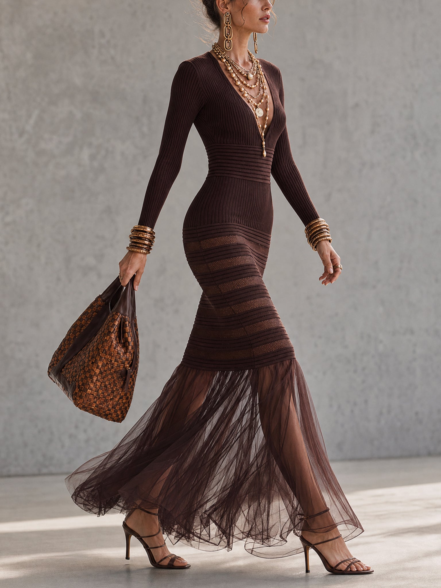 Brown Deep V-Neck Knit Bodycon Chiffon Hem Maxi Dress