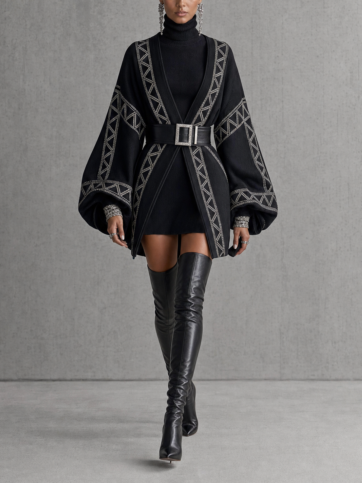 Black Geometric Printed Balloon Sleeve Open Front Knit Coat
