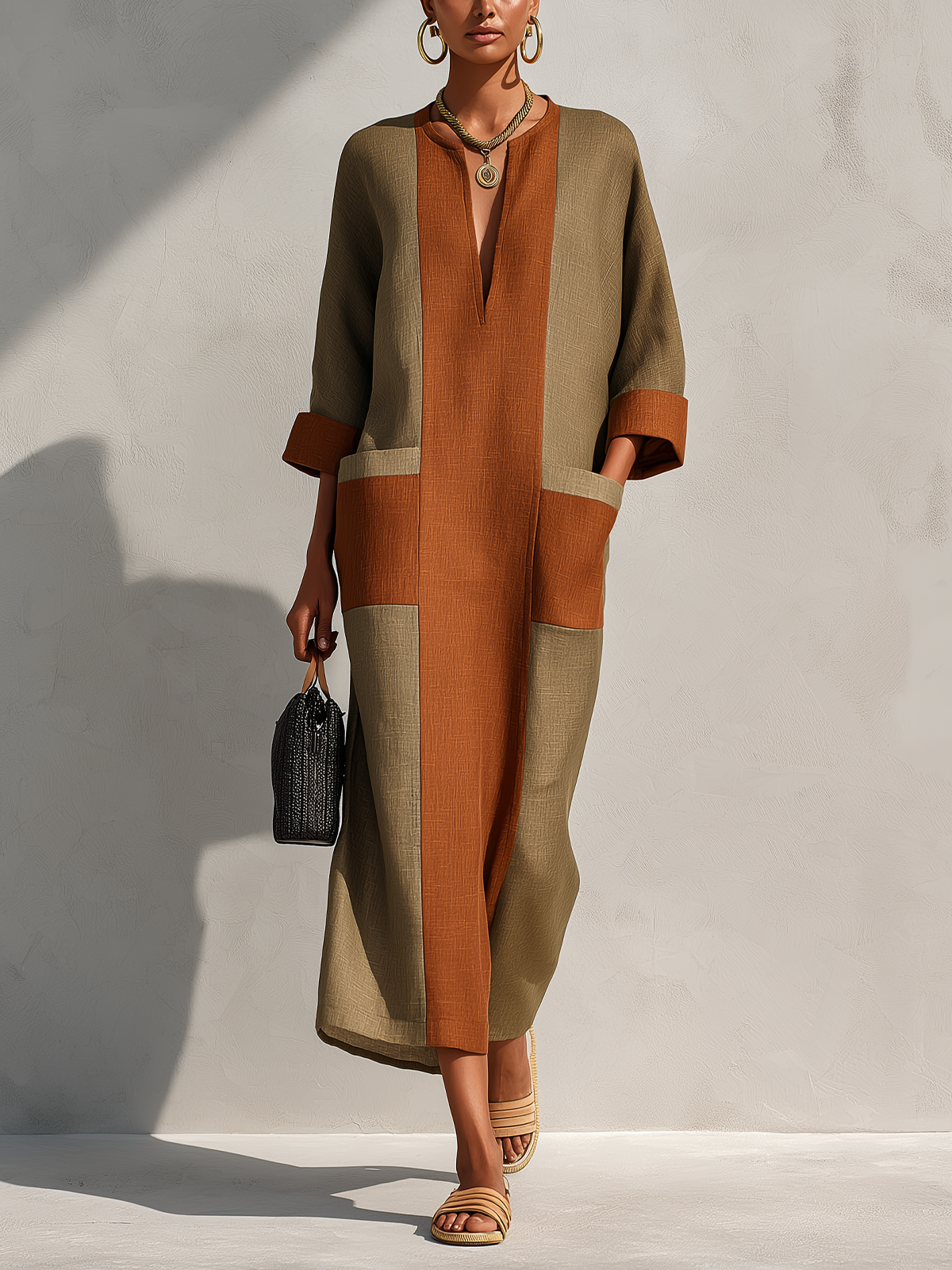 Olive Rust Color Block Linen V‑Neck Midi Dress