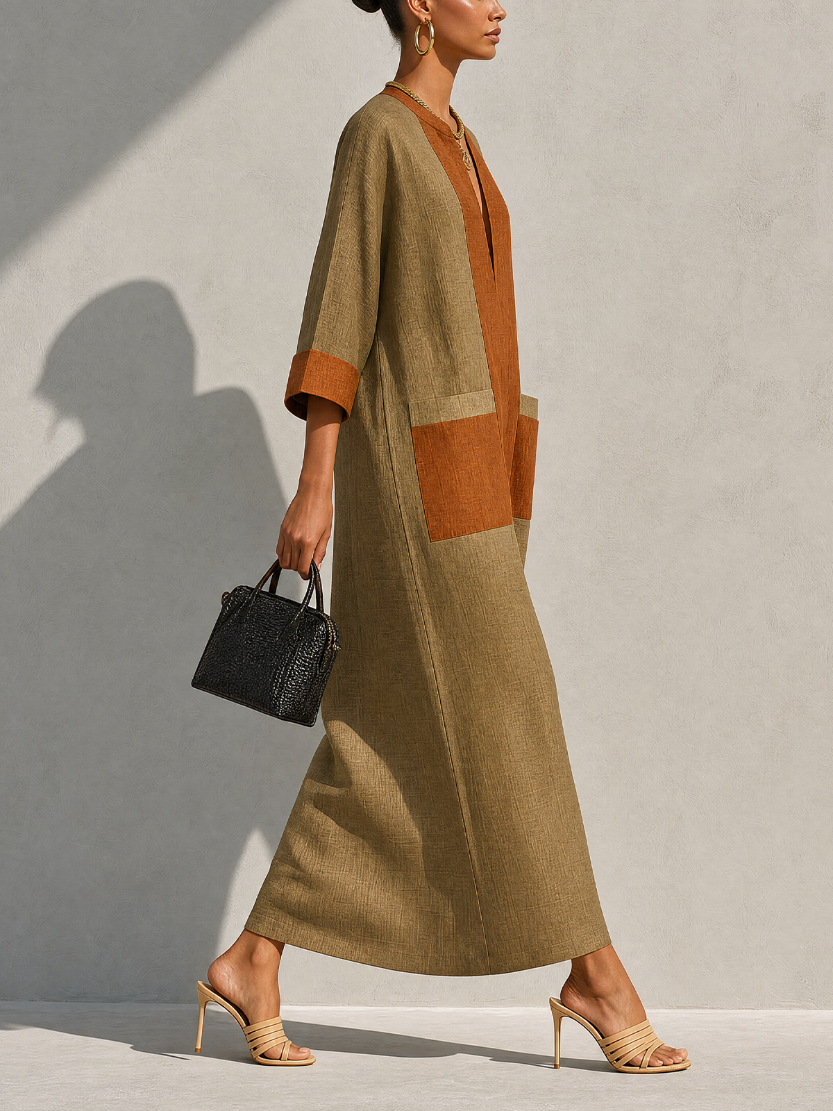 Olive Rust Color Block Linen V‑Neck Midi Dress