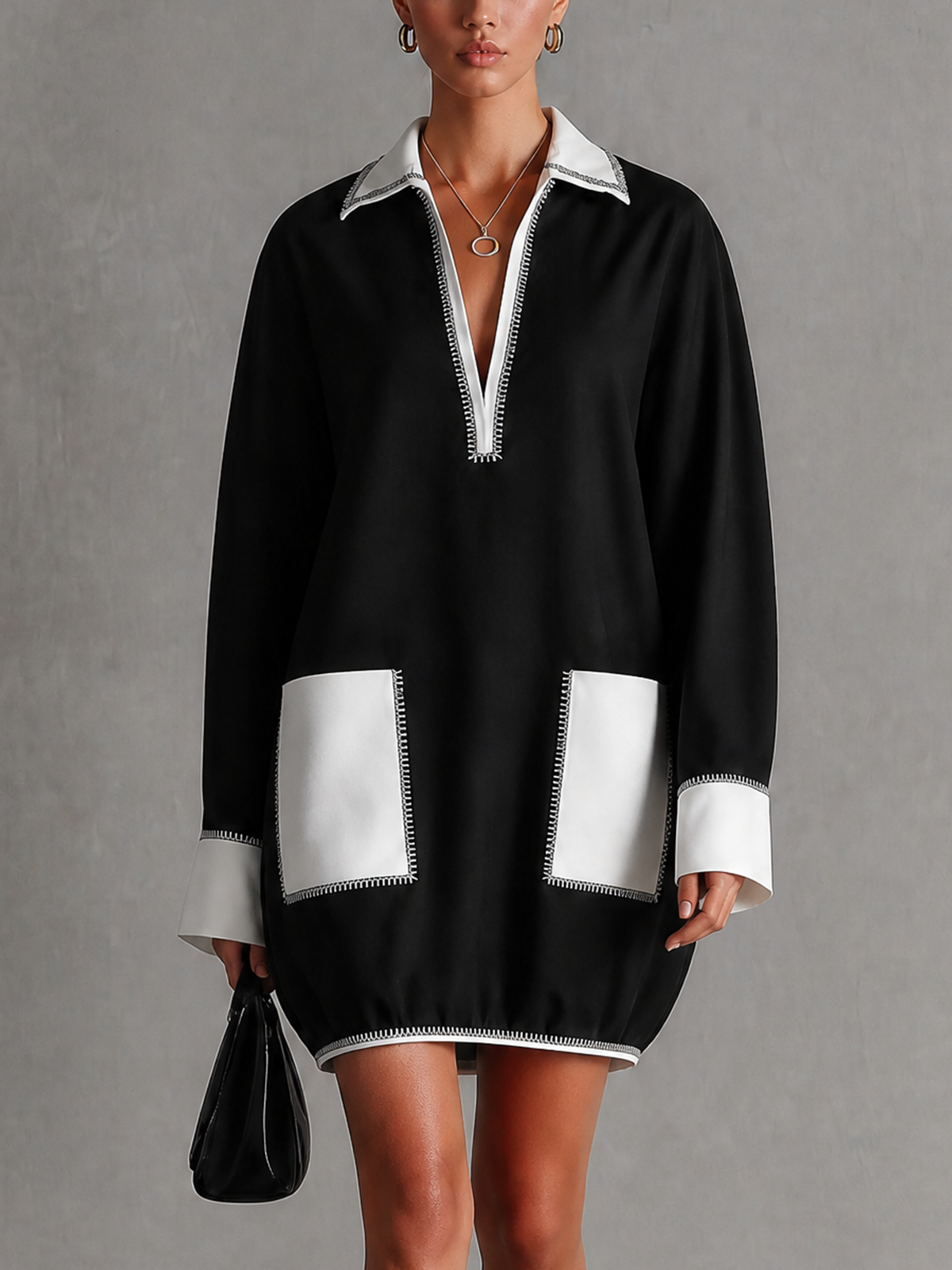 Black White Contrast Stitch Collared Long Sleeve Mini Dress