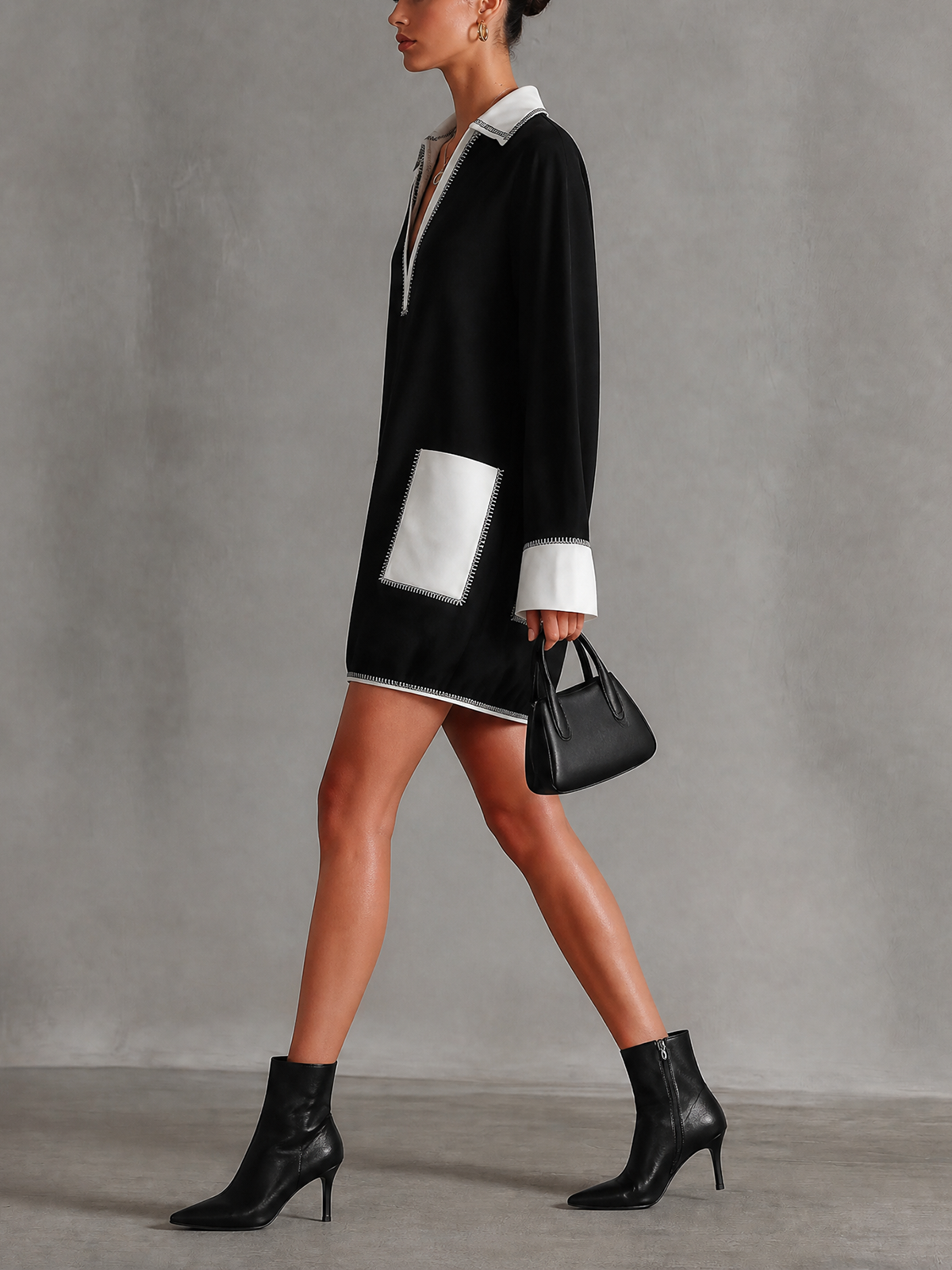 Black White Contrast Stitch Collared Long Sleeve Mini Dress