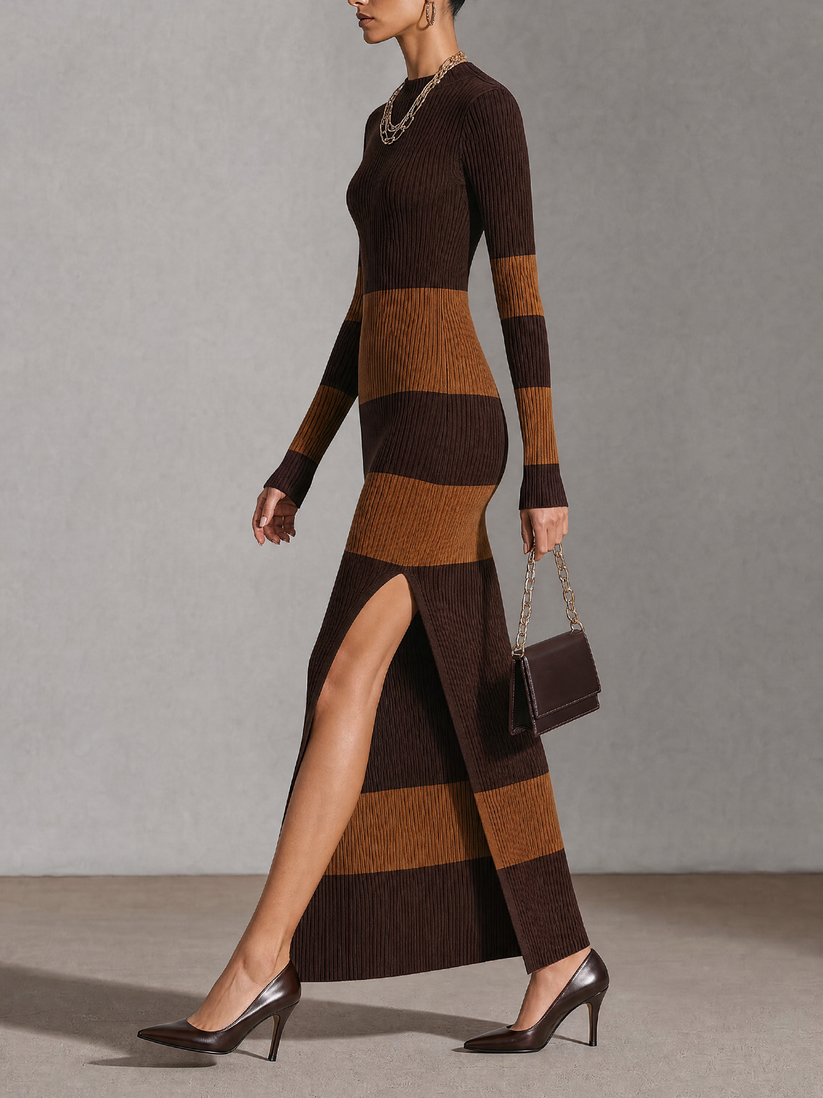 Dark Brown Caramel Stripe Ribbed Knit Long Sleeve Midi Dress