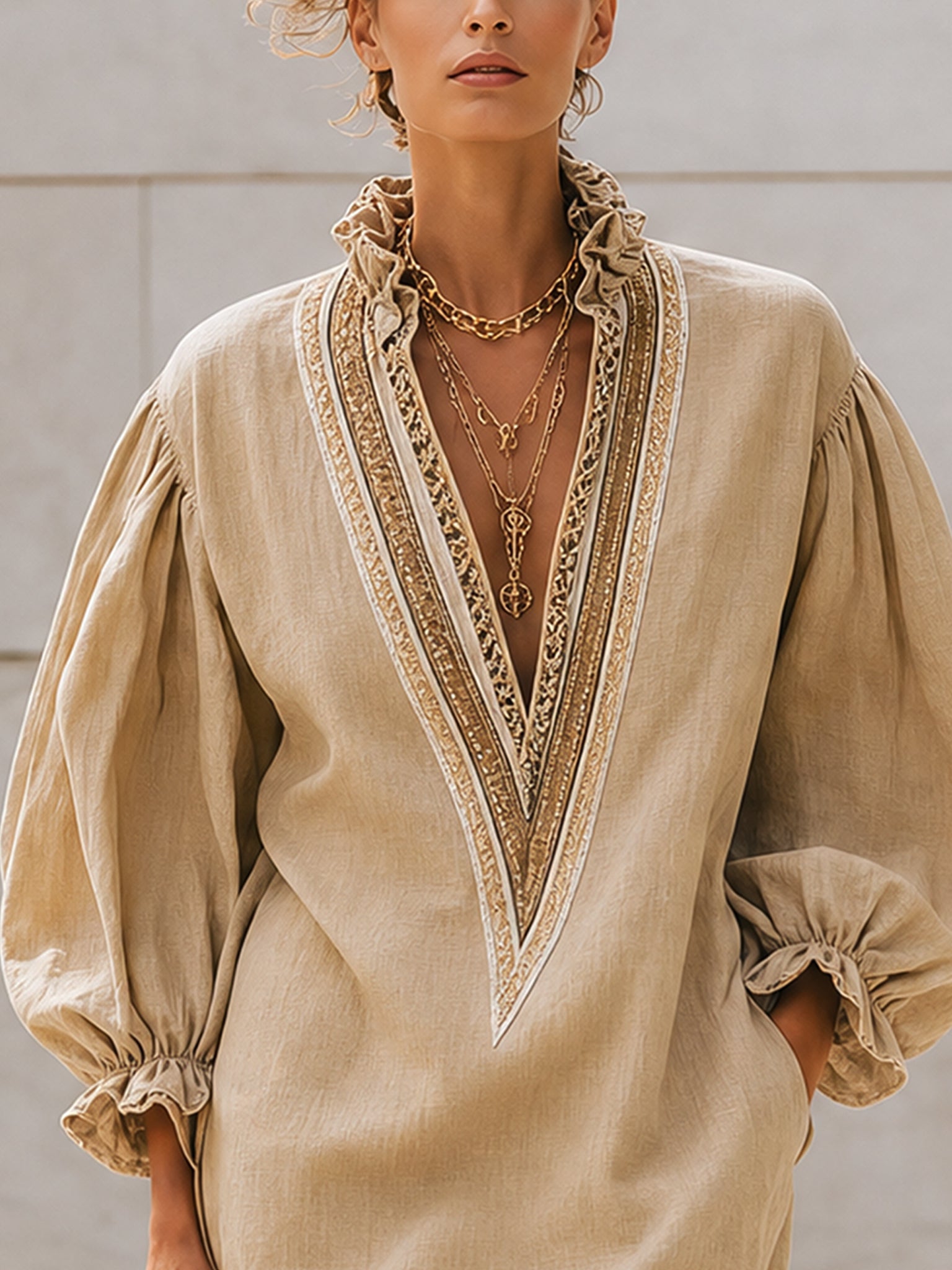 Beige Linen Deep V-Neck Loose Mini Dress