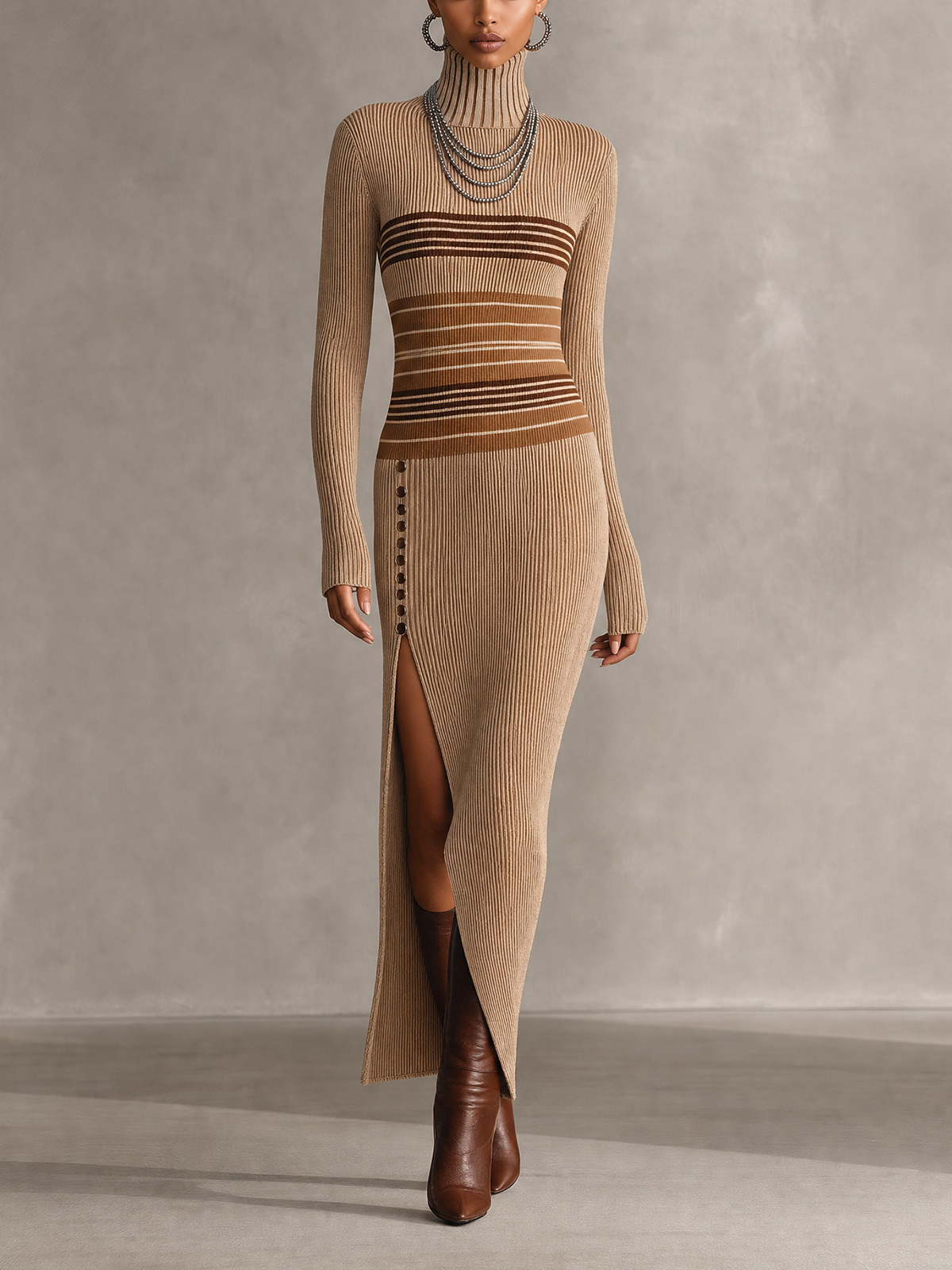 Khaki Striped Turtleneck Ribbed Knit Midi Dress