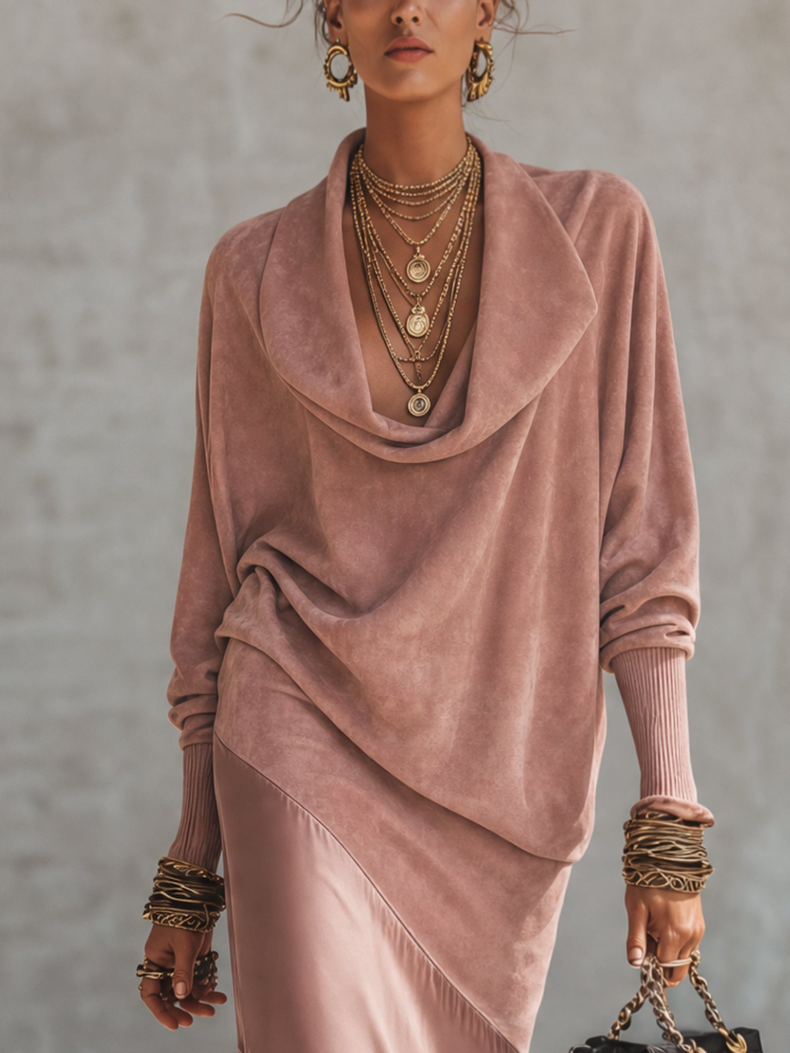 Pink Faux Suede Fringe Asymmetrical Midi Dress