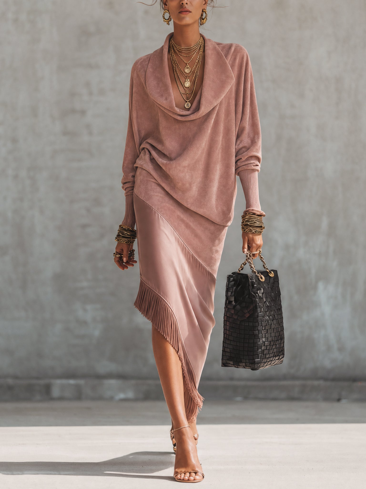 Pink Faux Suede Fringe Asymmetrical Midi Dress
