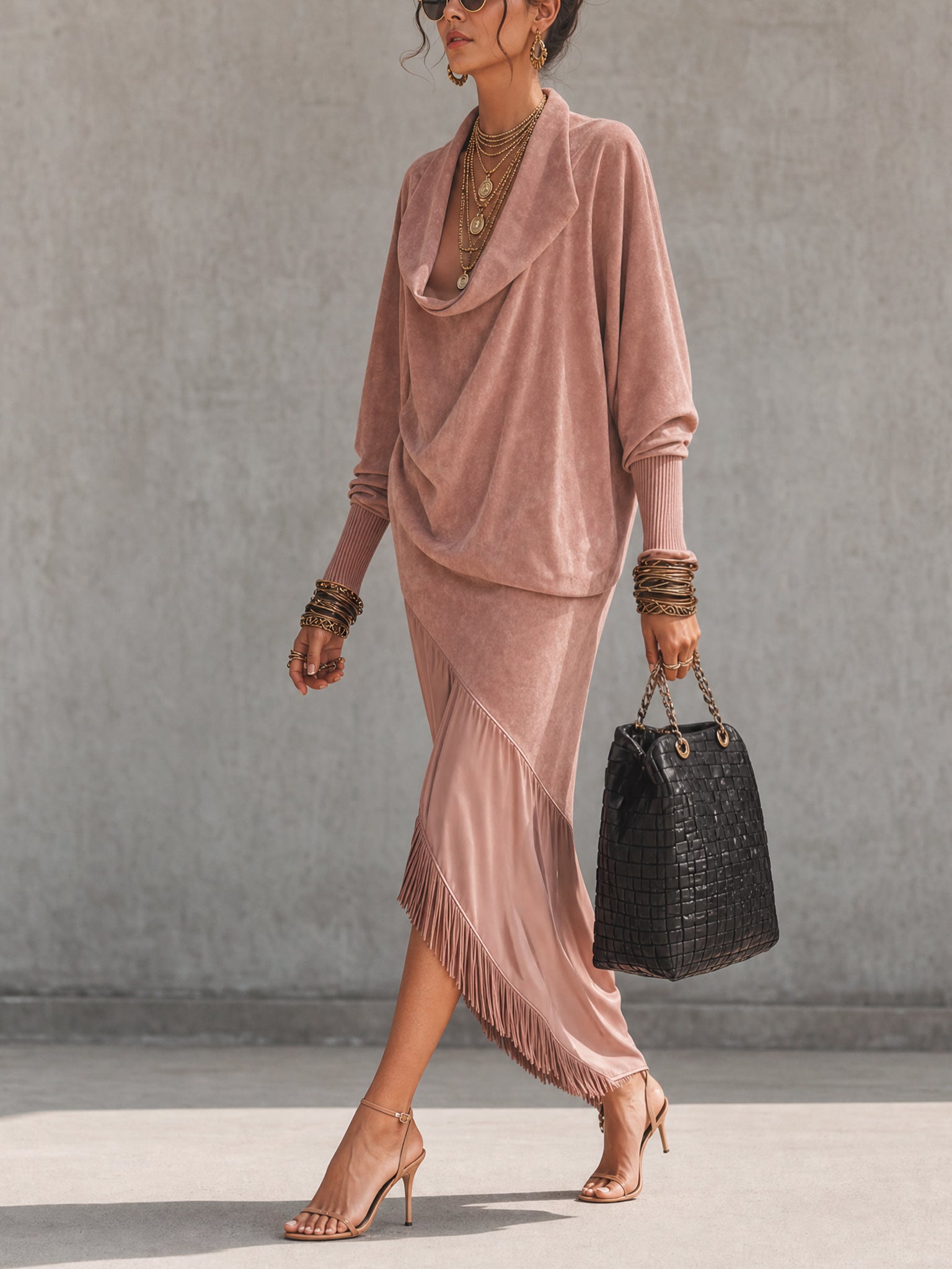 Pink Faux Suede Fringe Asymmetrical Midi Dress