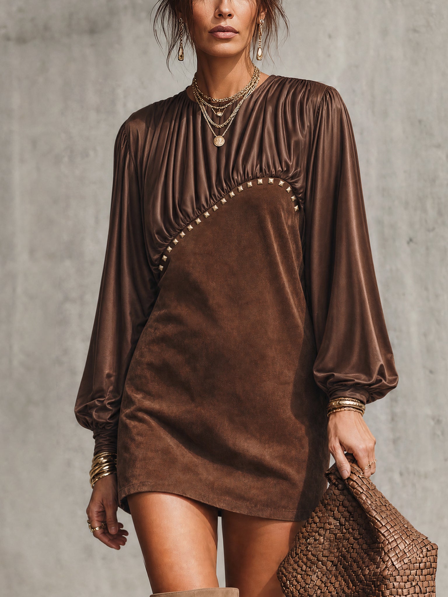 Brown Satin Faux Suede Studded Mini Dress