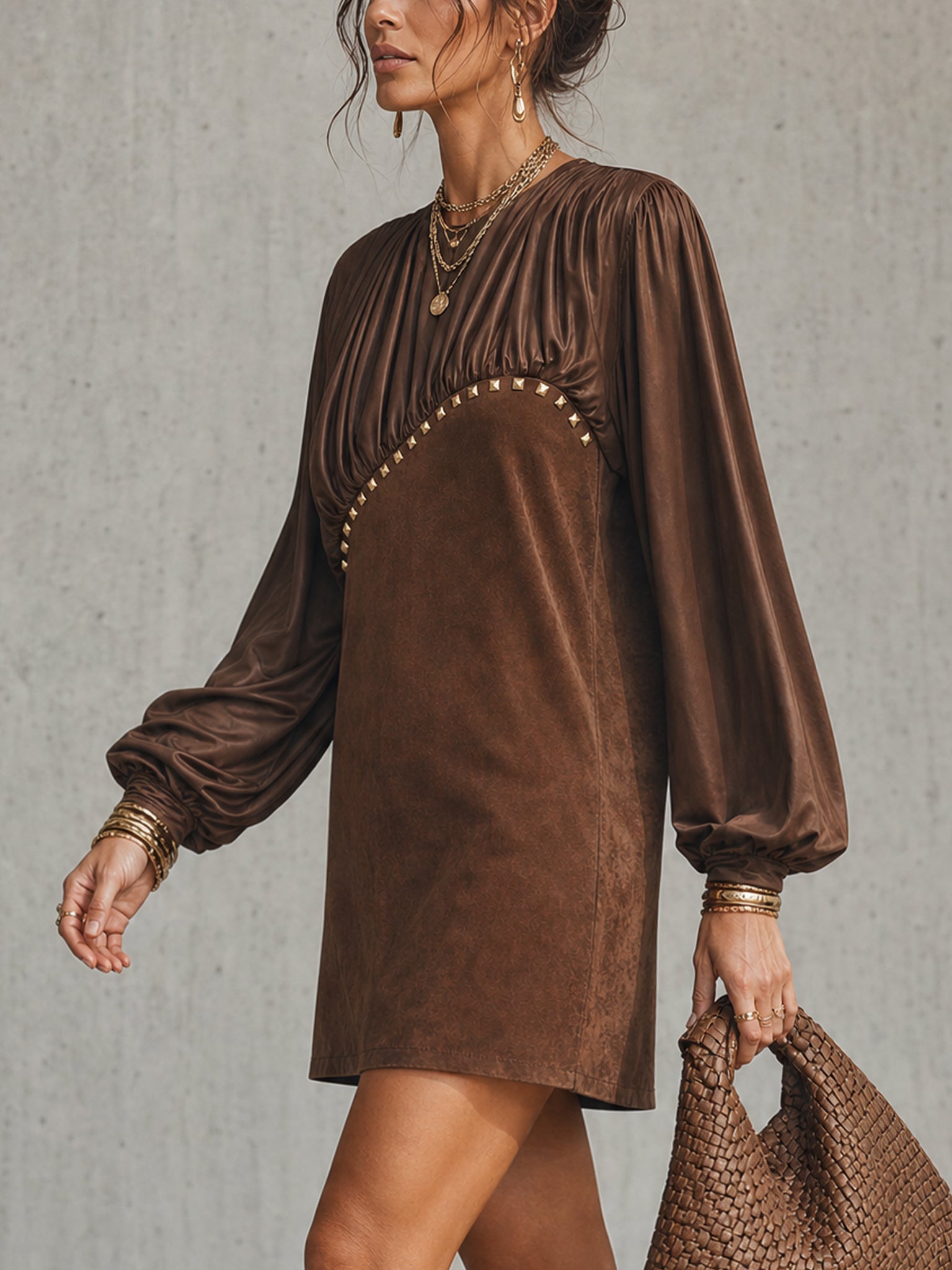 Brown Satin Faux Suede Studded Mini Dress