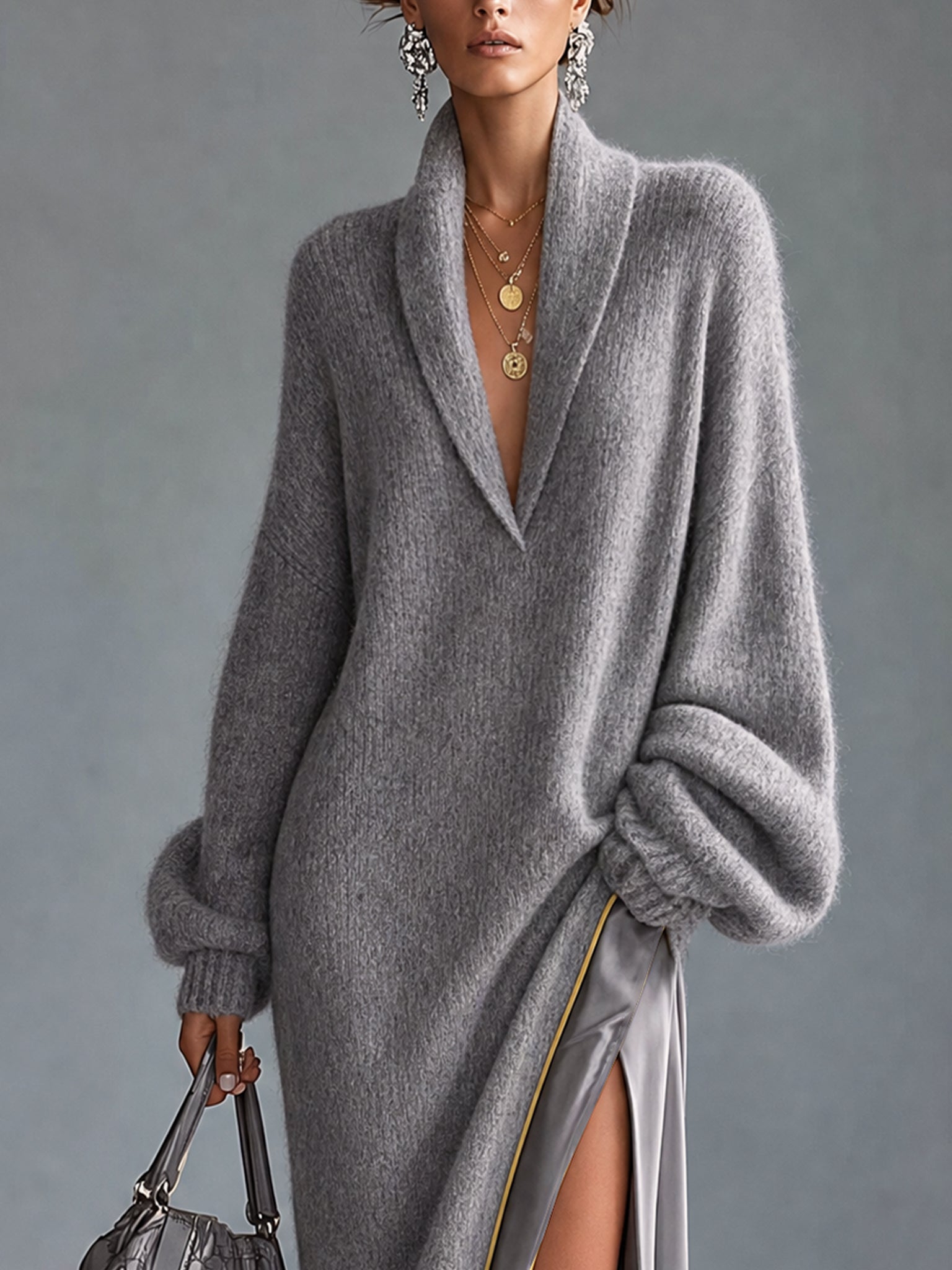 Gray Knit Maxi Dress With Satin Hem
