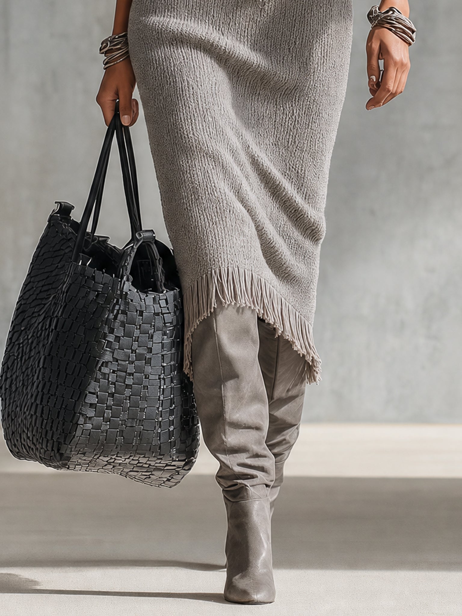 Gray Suede Trim Knit Fringe Midi Dress
