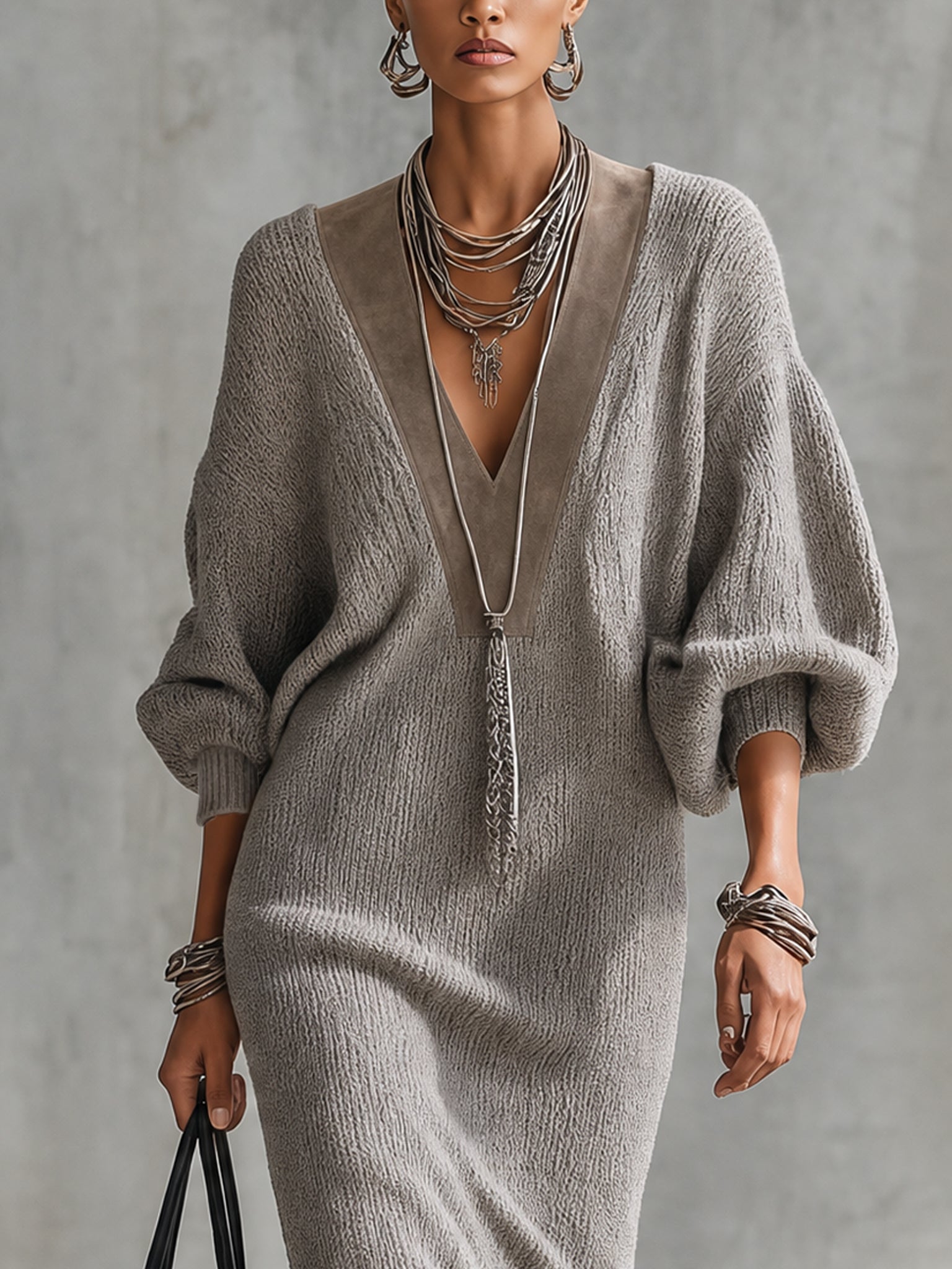 Gray Suede Trim Knit Fringe Midi Dress