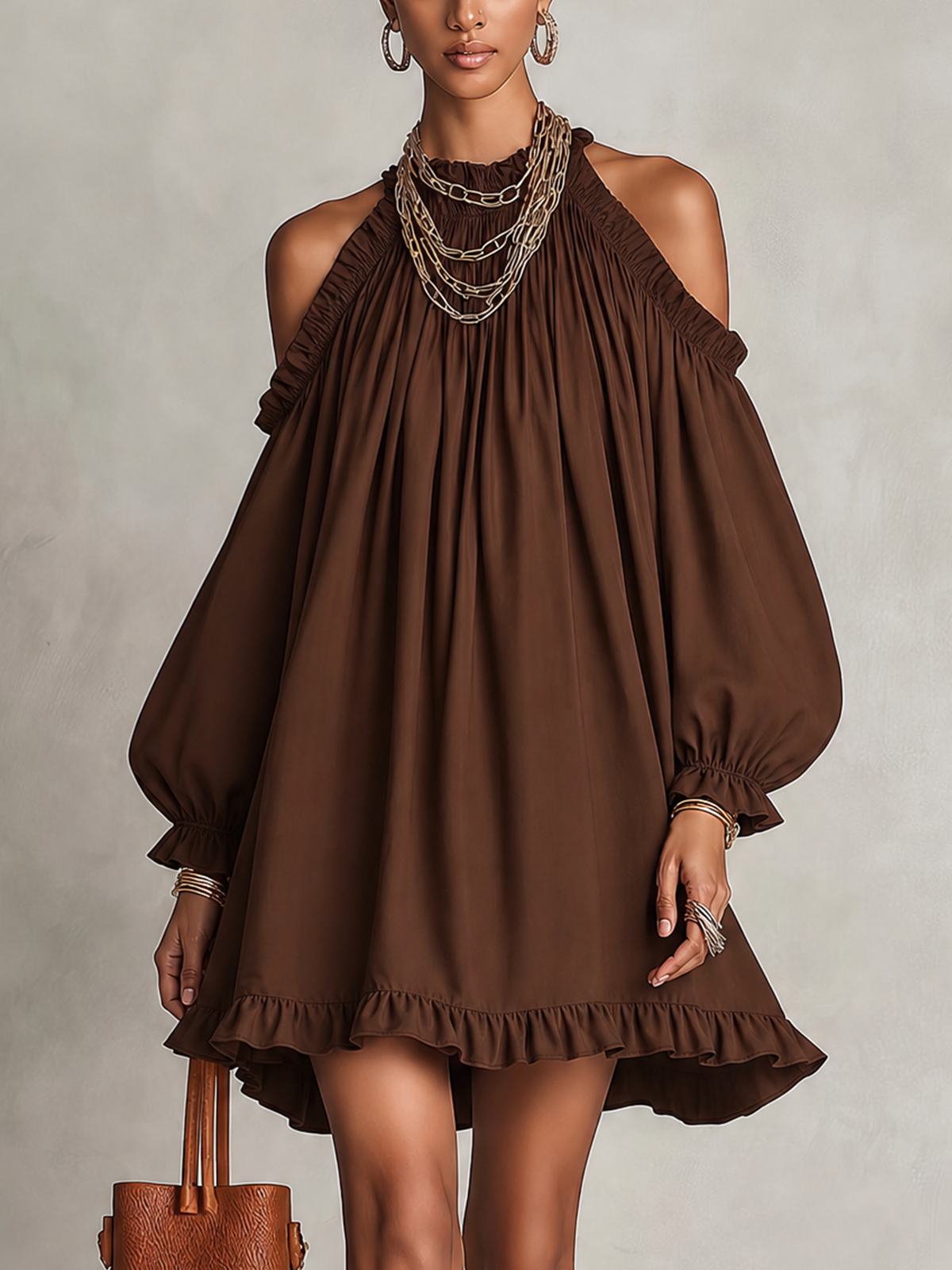 Dark Brown Halter Cold Shoulder Puff Sleeve Ruffle Mini Dress