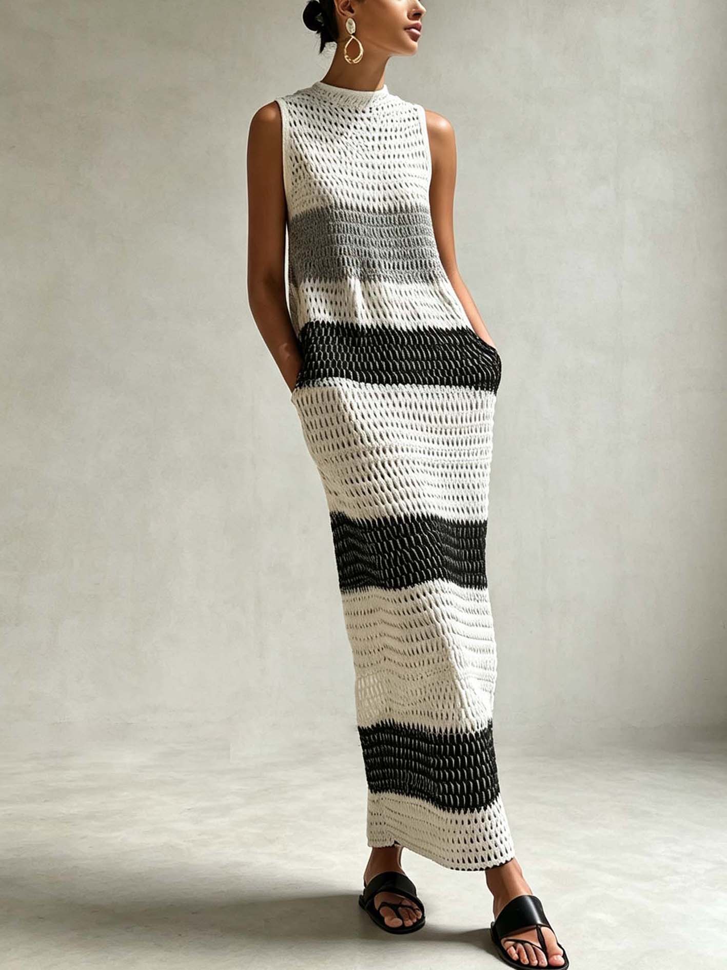 Black And White Striped Open Knit Maxi Dress With Pockets