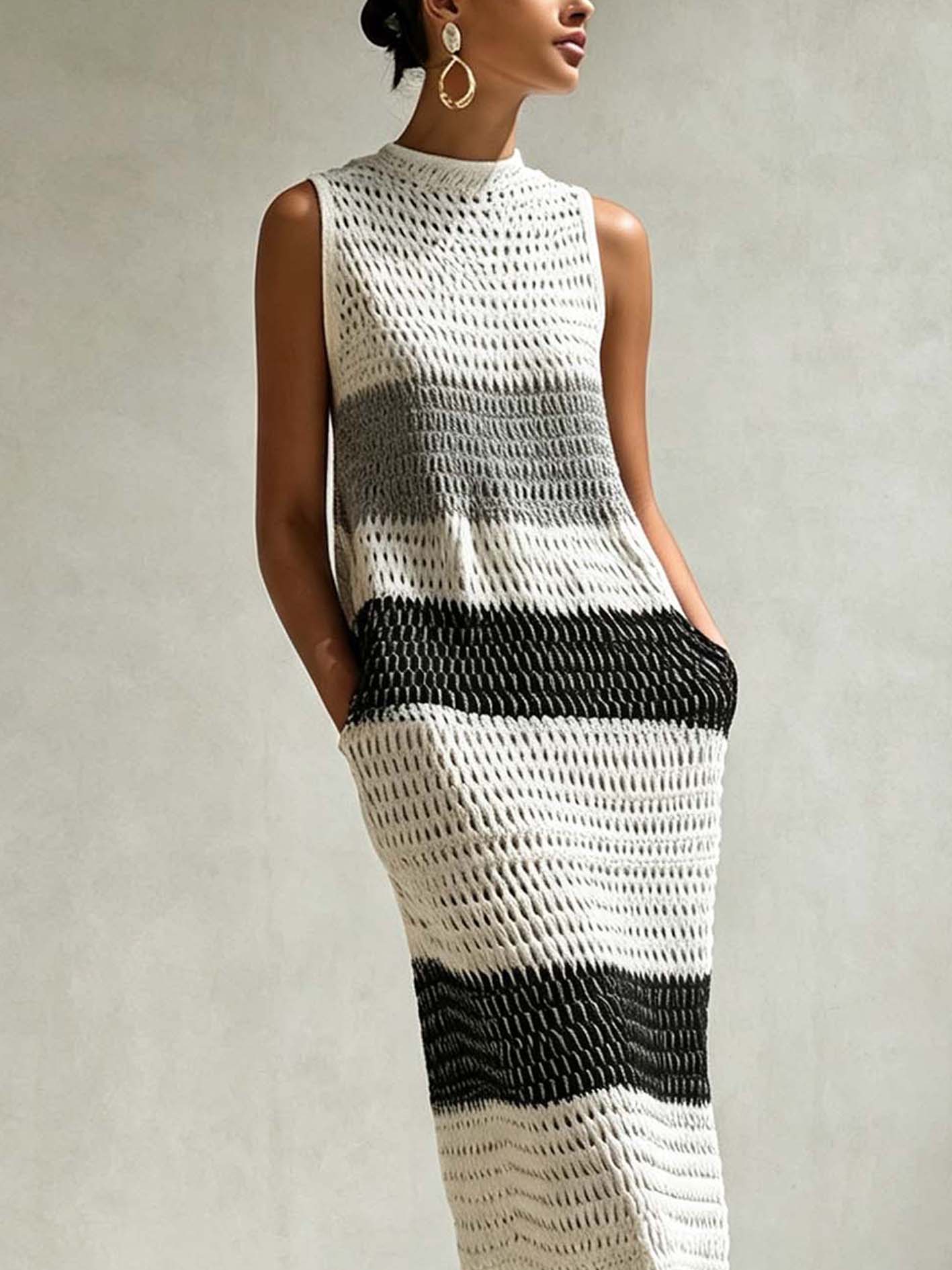 Black And White Striped Open Knit Maxi Dress With Pockets
