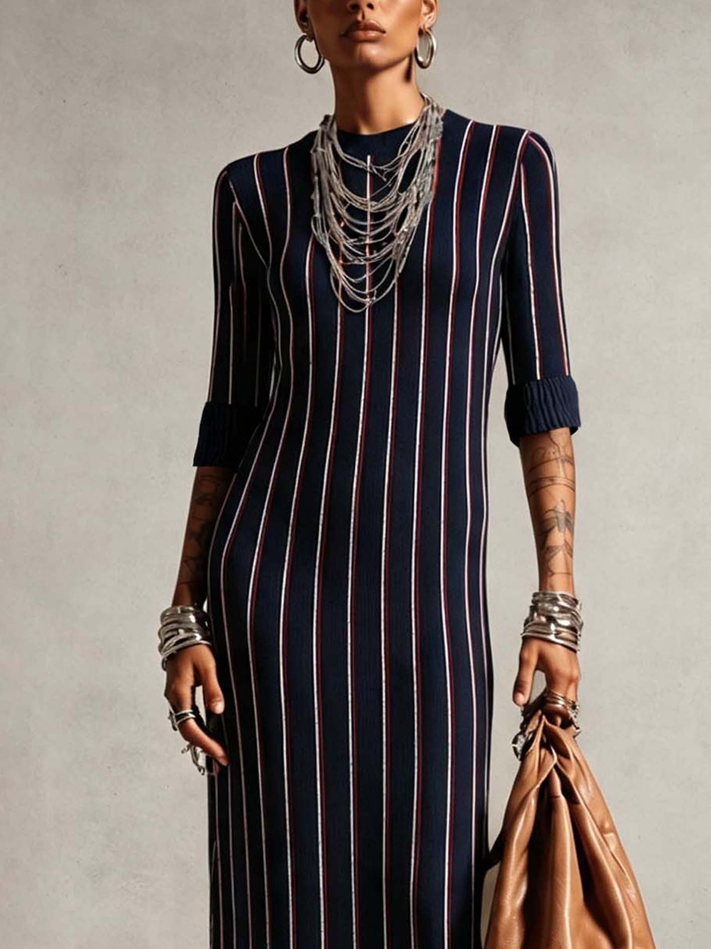 Navy Striped Knit Maxi Dress With Fringe Hem