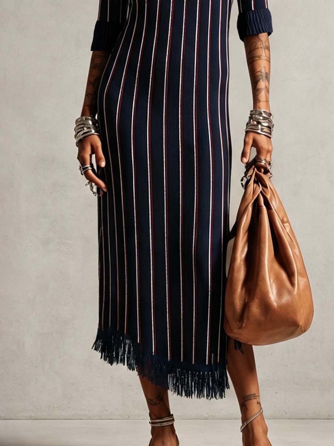 Navy Striped Knit Maxi Dress With Fringe Hem