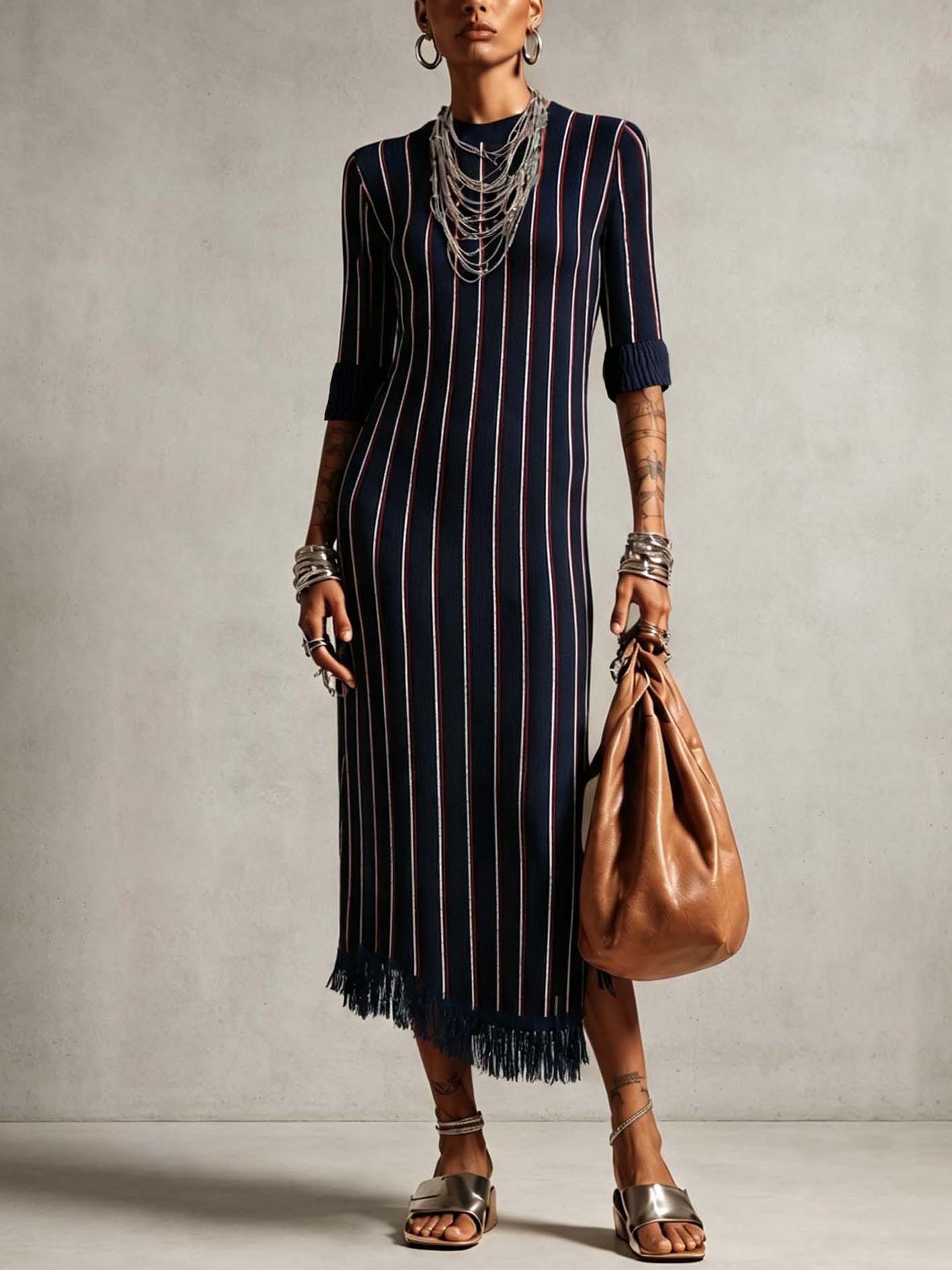 Navy Striped Knit Maxi Dress With Fringe Hem