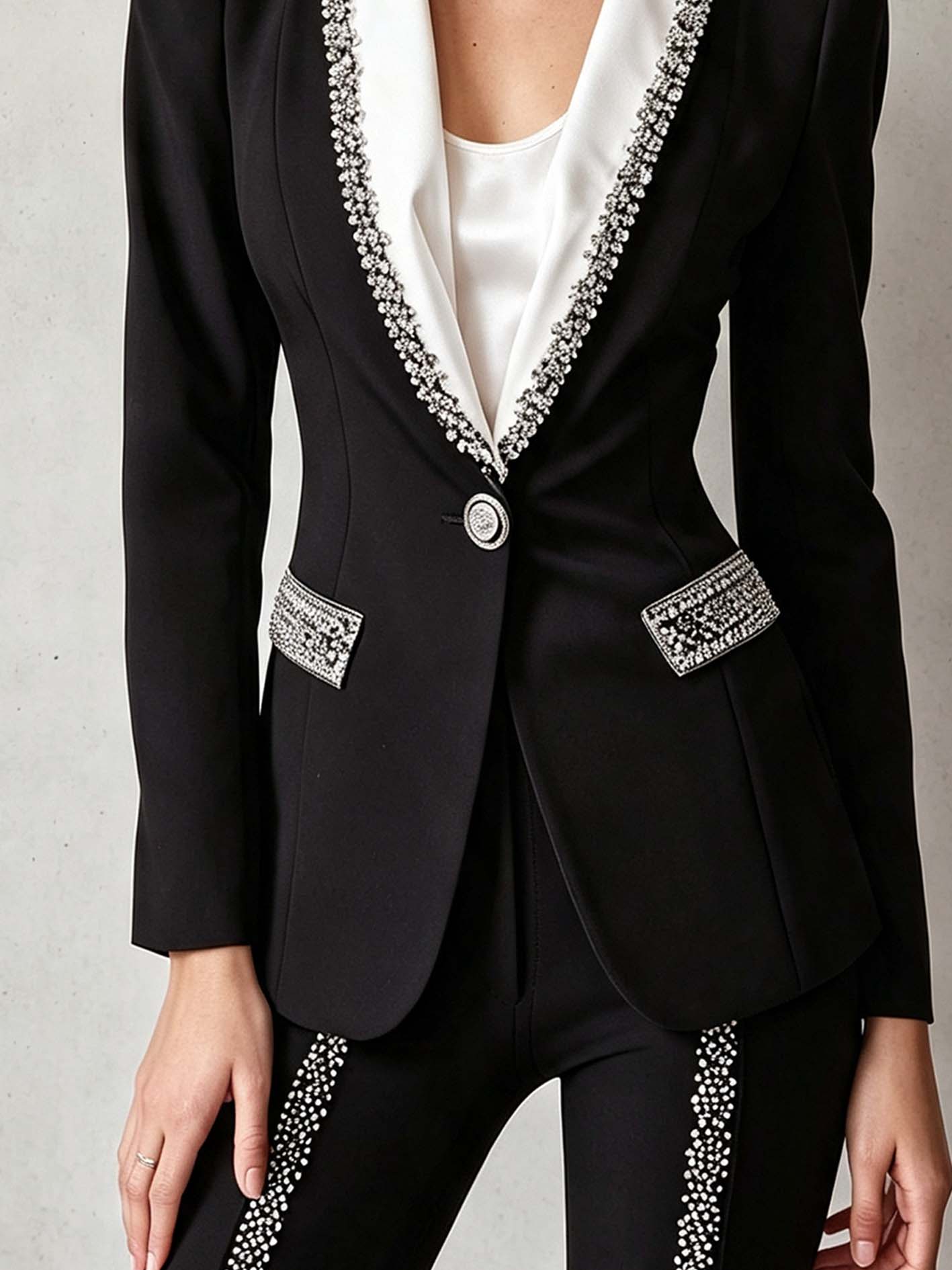 Black Rhinestone Trim Tailored Blazer With Contrast Shawl Lapel