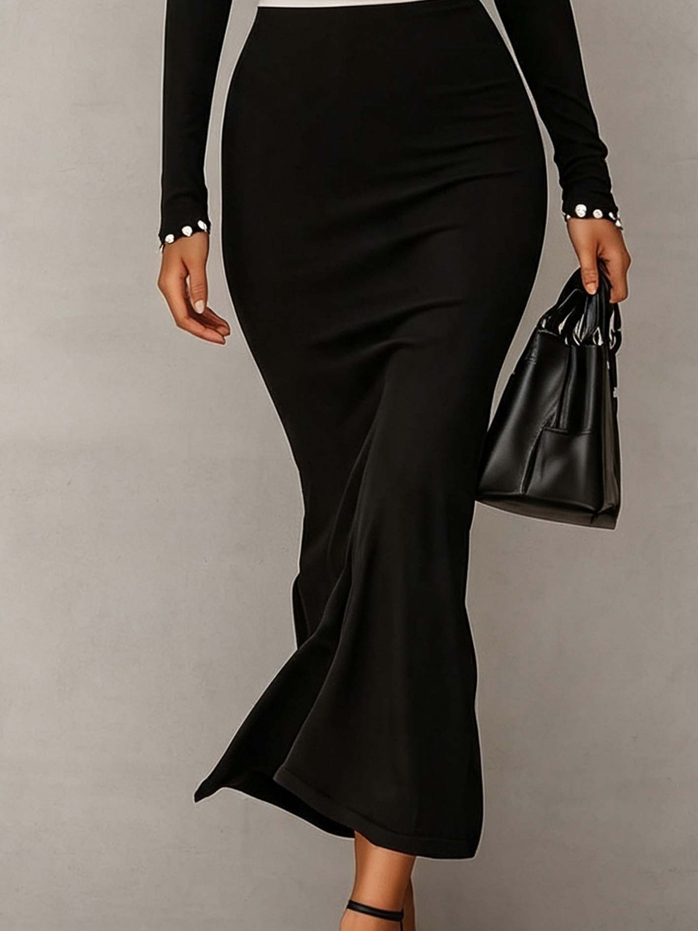 Black Button Trim Deep V-Neck Bodycon Maxi Dress With Contrast Waist Panel