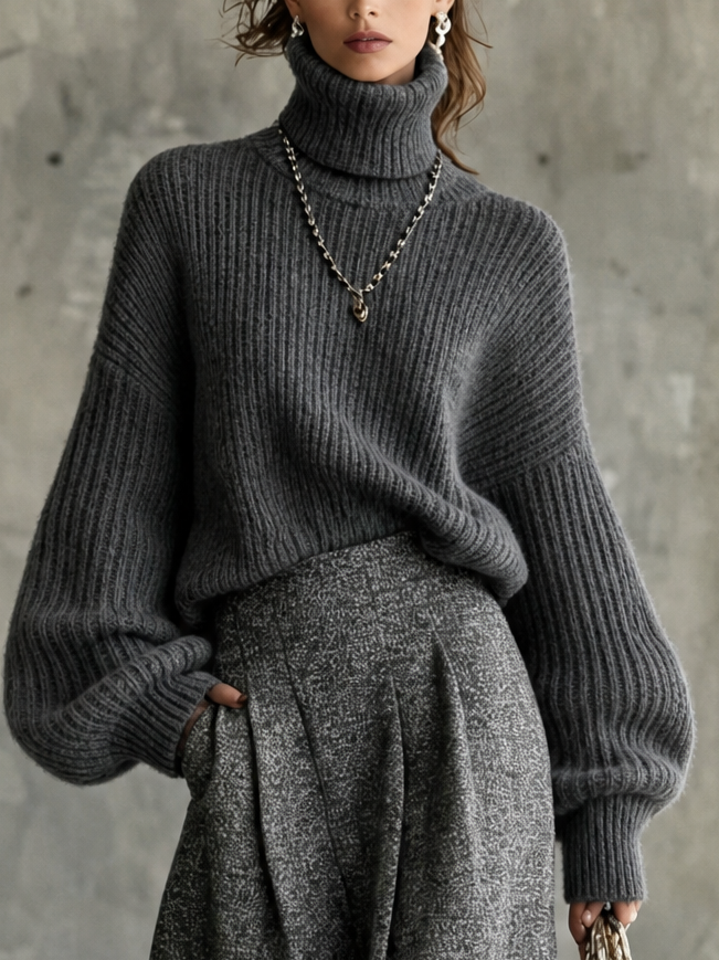 Charcoal Ribbed Turtleneck Oversized Knit Sweater
