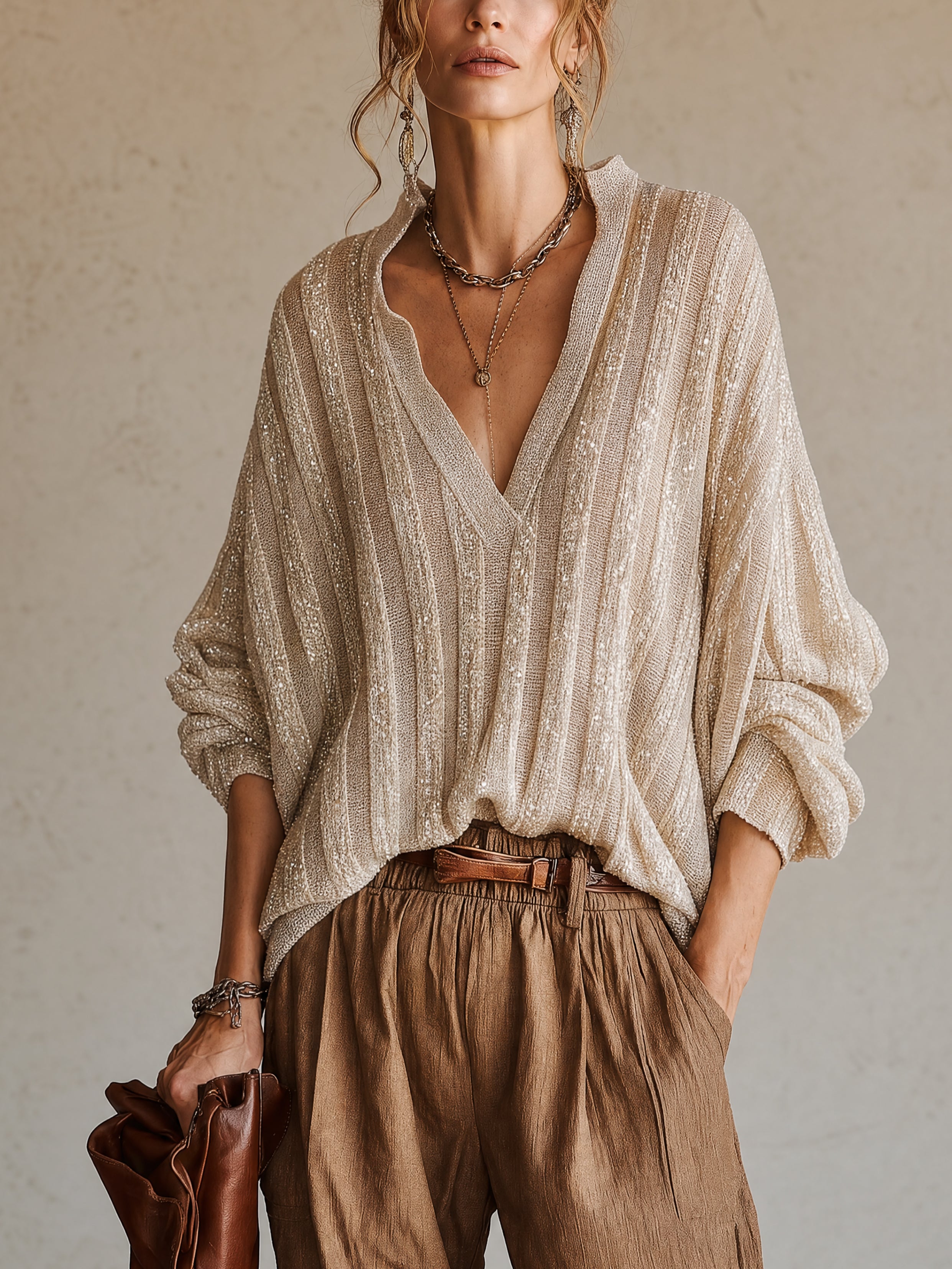 Beige Shimmer Ribbed Loose Lightweight Long Sleeve Sweater
