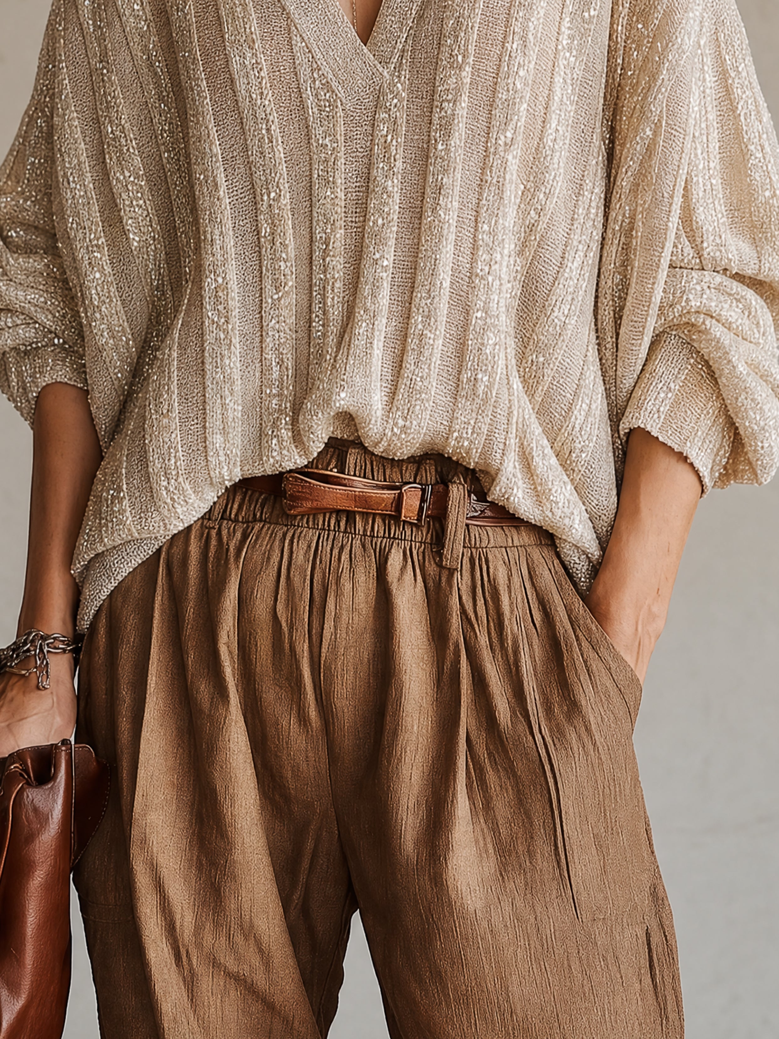 Beige Shimmer Ribbed Loose Lightweight Long Sleeve Sweater