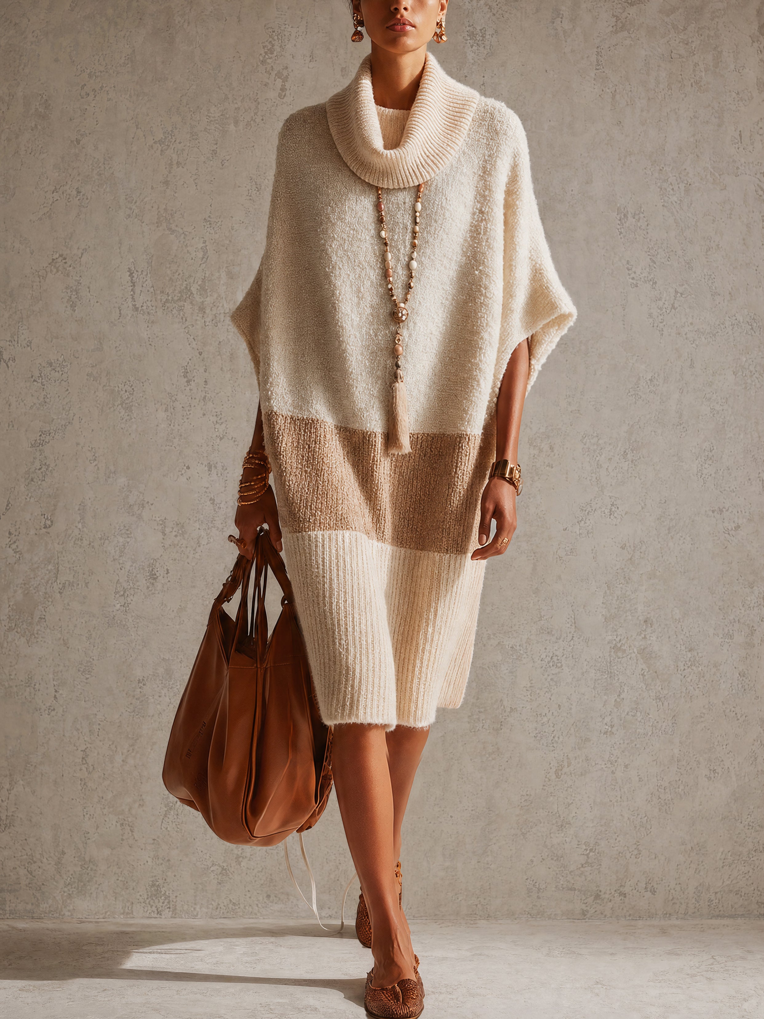 Beige Color Block Loose Short Sleeve Knit Midi Dress