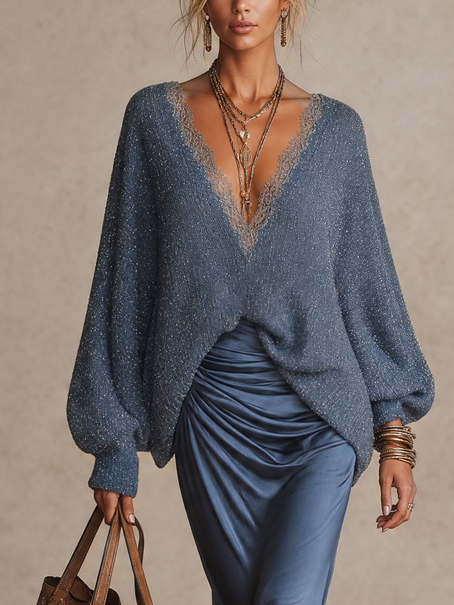 Blue Shimmer Lace Trim V-Neck Loose Sweater