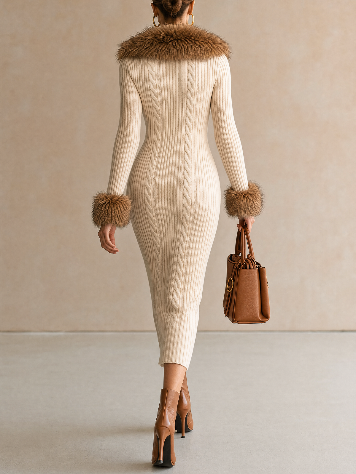 Cable Knit Faux Fur Collar Cuff Button Front Midi Dress