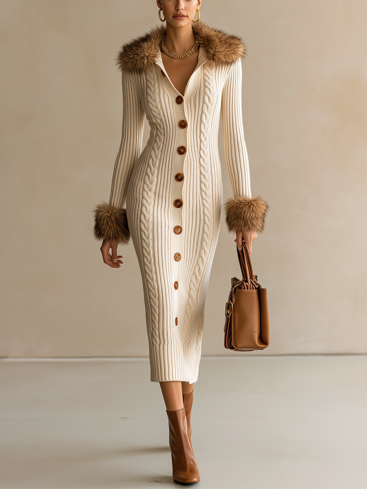 Cable Knit Faux Fur Collar Cuff Button Front Midi Dress