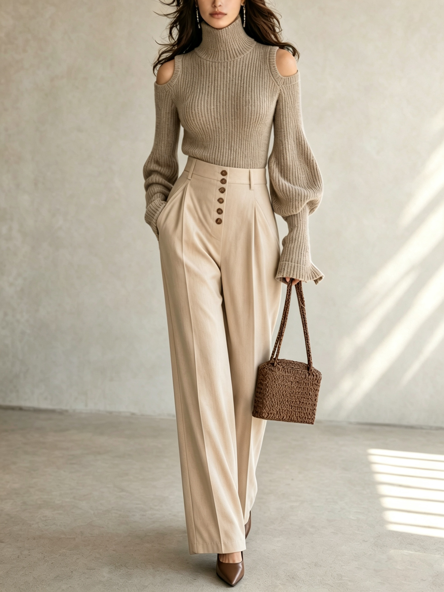 Camel Cold-Shoulder Turtleneck Sweater